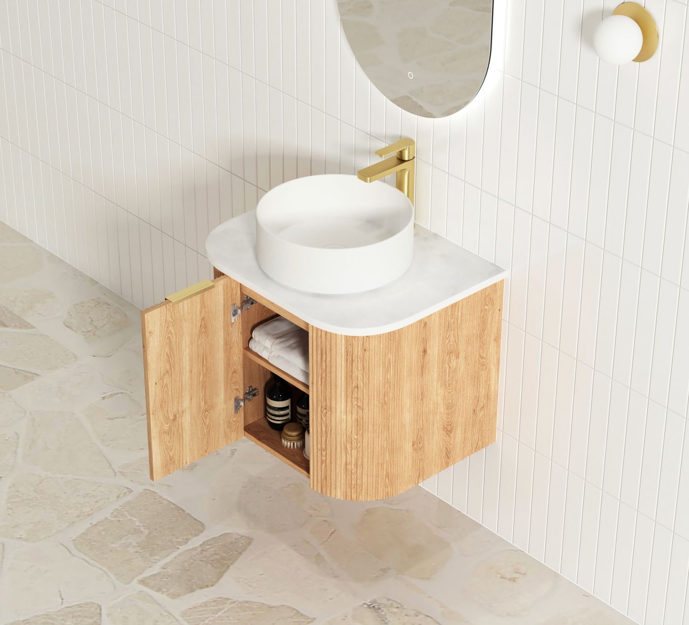 Otti Bondi Fluted Wall Hung Vanity | Satin White & Woodland Oak