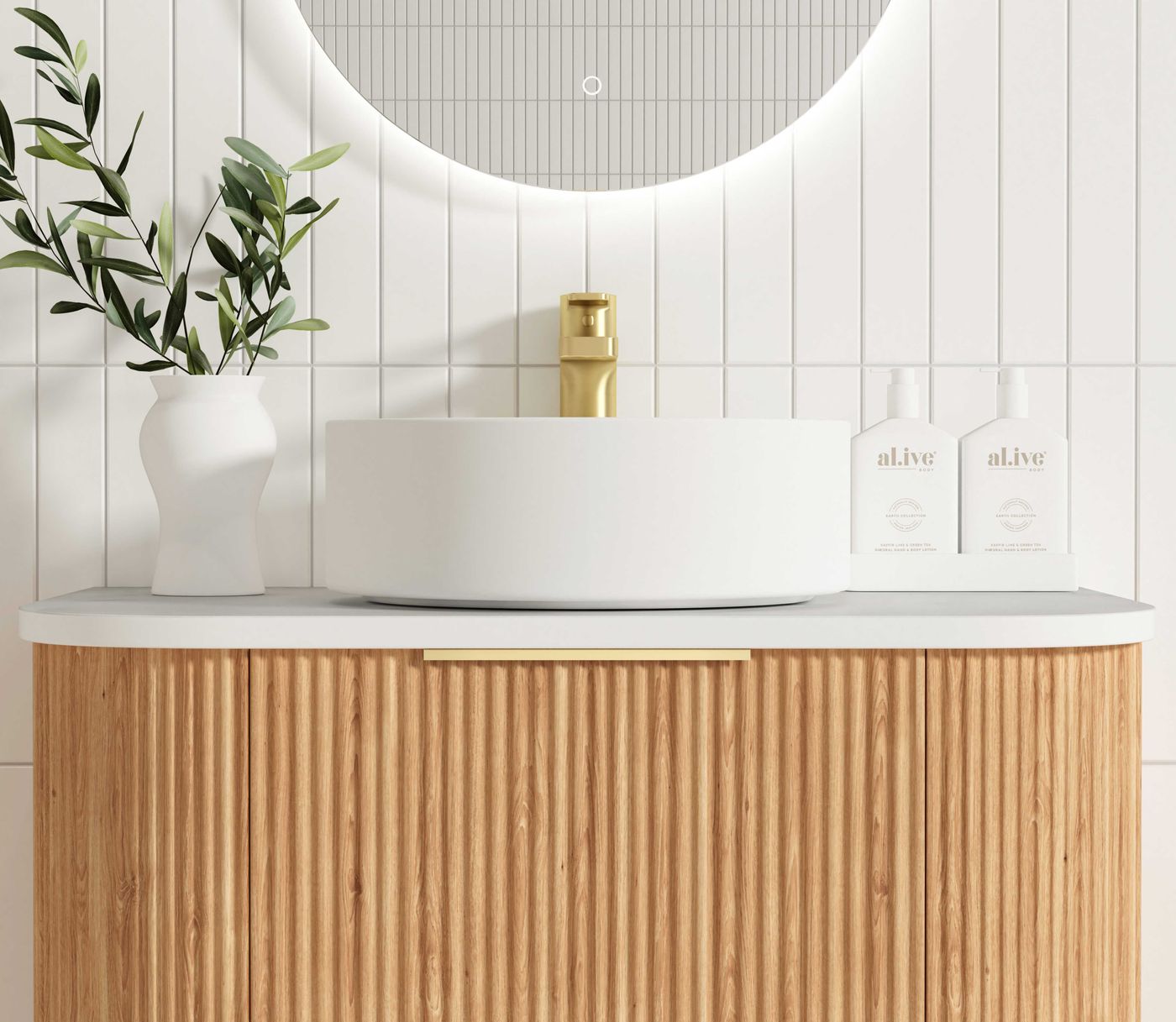 Otti Bondi Fluted Wall Hung Vanity | Satin White & Woodland Oak