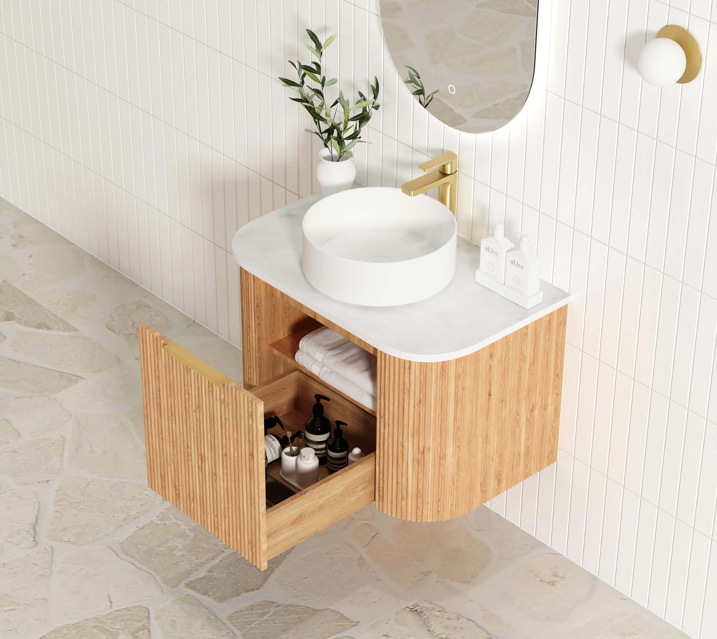 Otti Bondi Fluted Wall Hung Vanity | Satin White & Woodland Oak