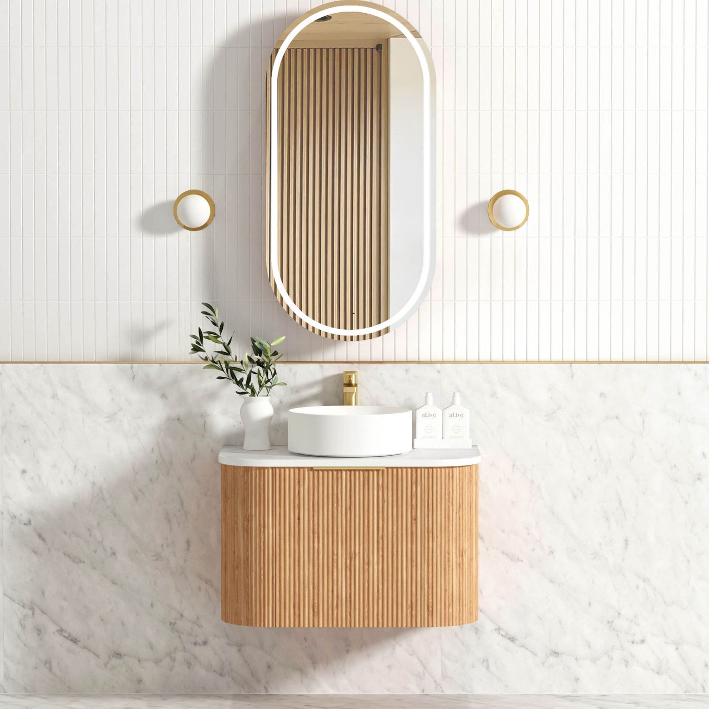 Otti Bondi Fluted Wall Hung Vanity | Satin White & Woodland Oak