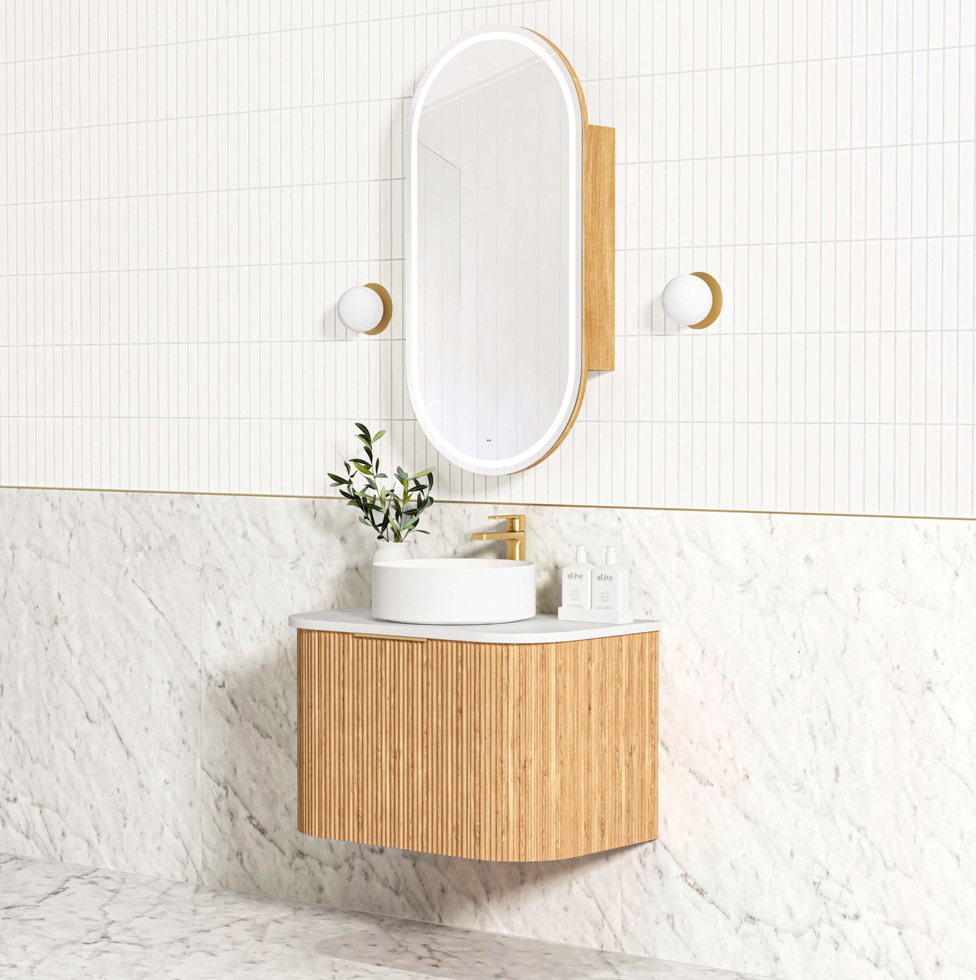 Otti Bondi Fluted Wall Hung Vanity | Satin White & Woodland Oak