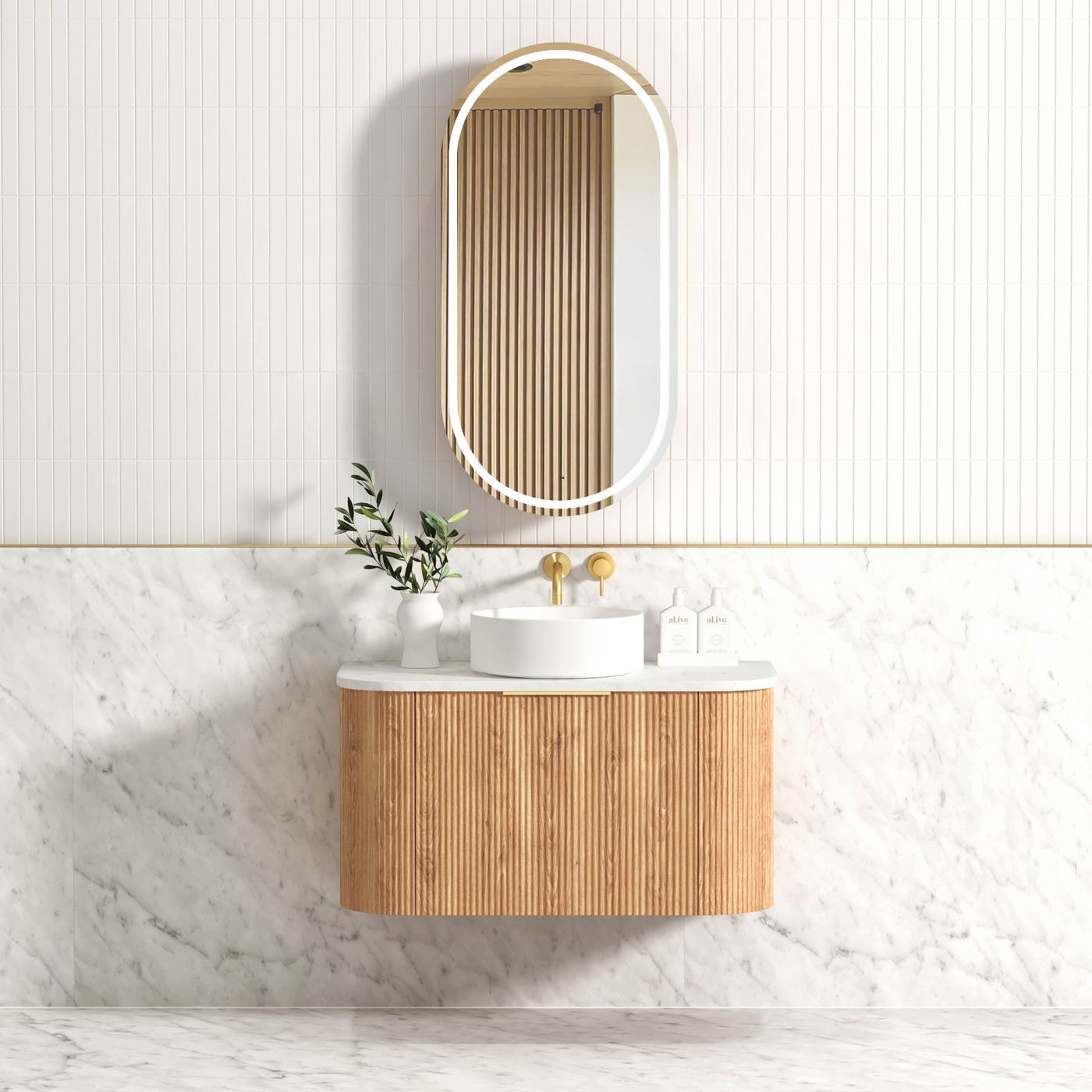 Otti Bondi Fluted Wall Hung Vanity | Satin White & Woodland Oak