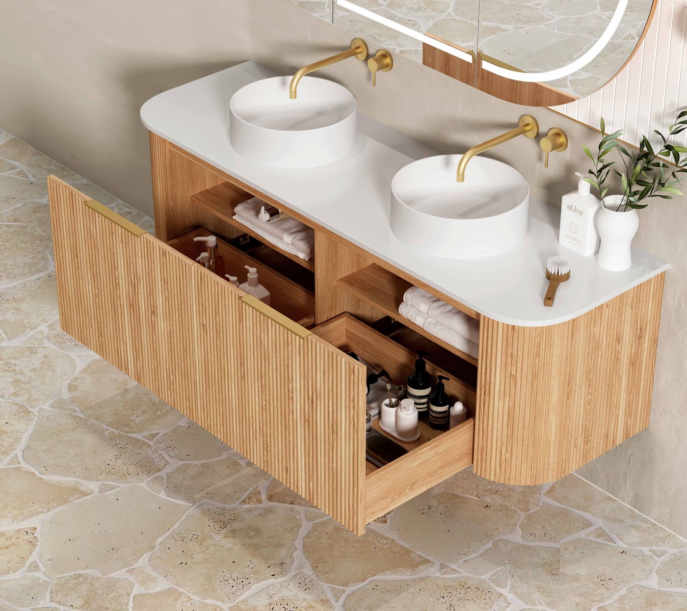 Otti Bondi Fluted Wall Hung Vanity | Satin White & Woodland Oak