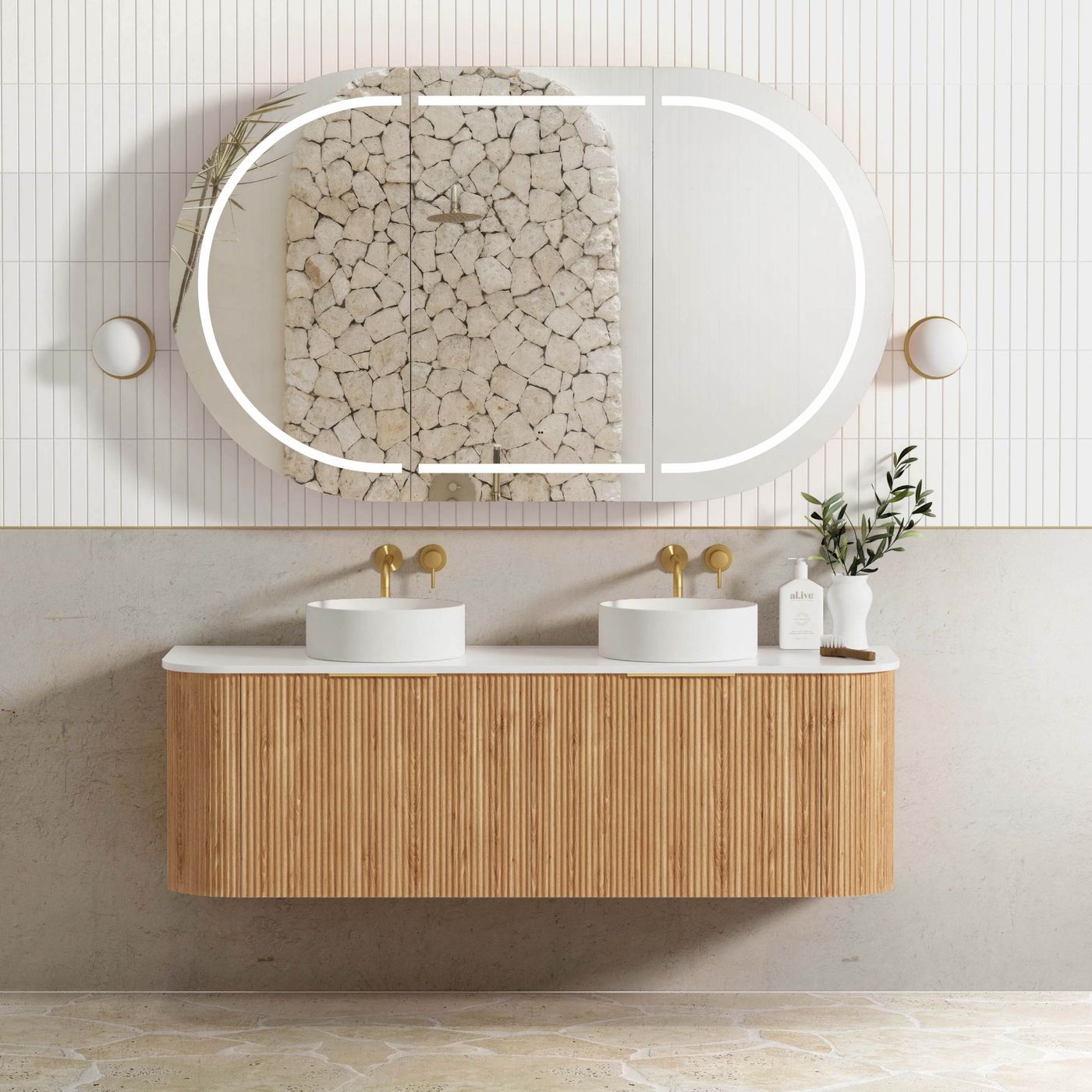 Otti Bondi Fluted Wall Hung Vanity | Satin White & Woodland Oak