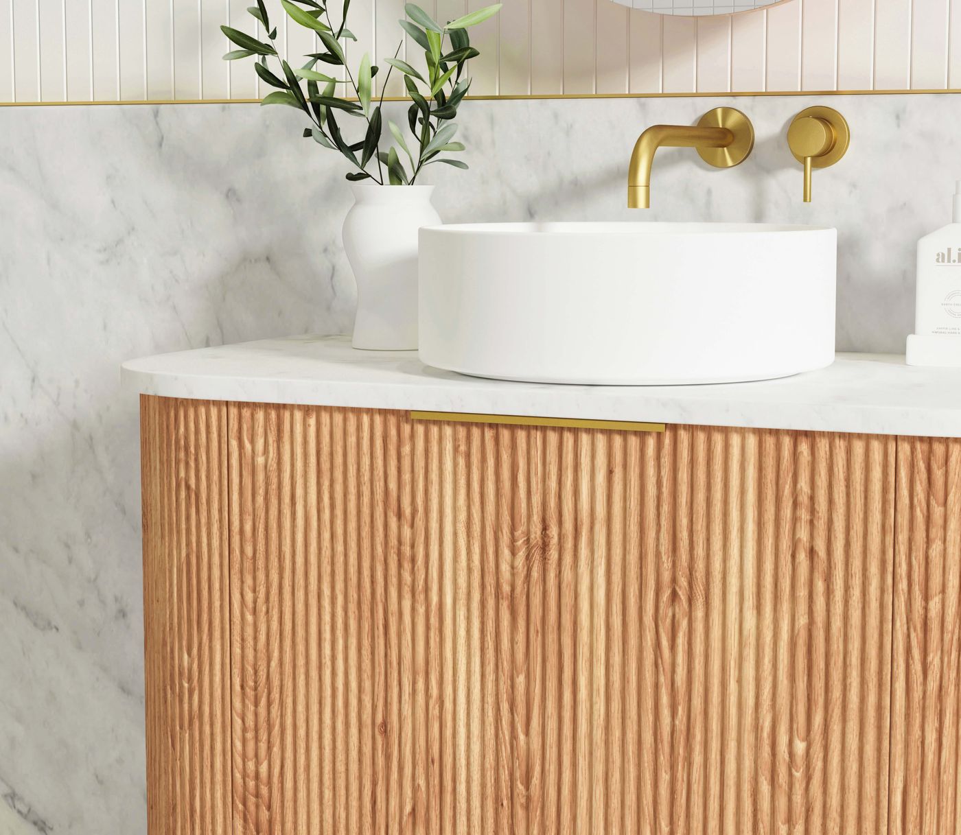 Otti Bondi Fluted Wall Hung Vanity | Satin White & Woodland Oak