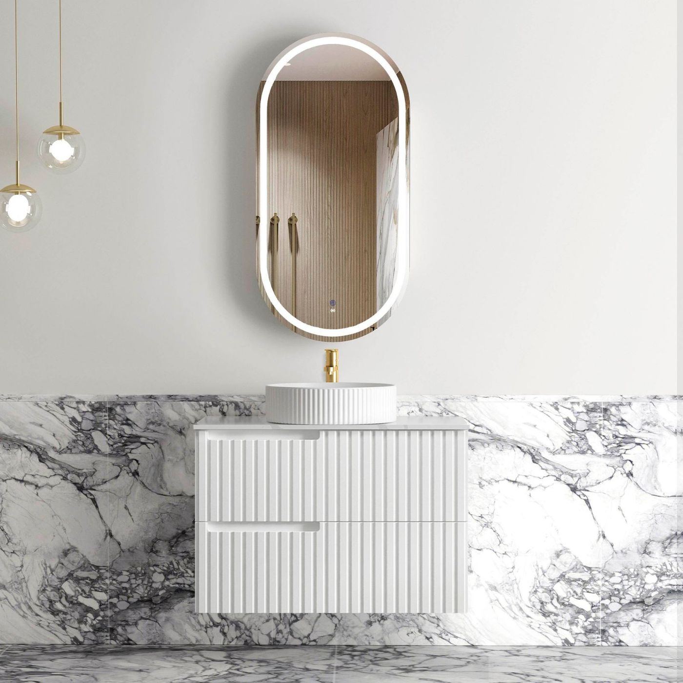 Otti Noosa Fluted Satin White Wall Hung Vanity