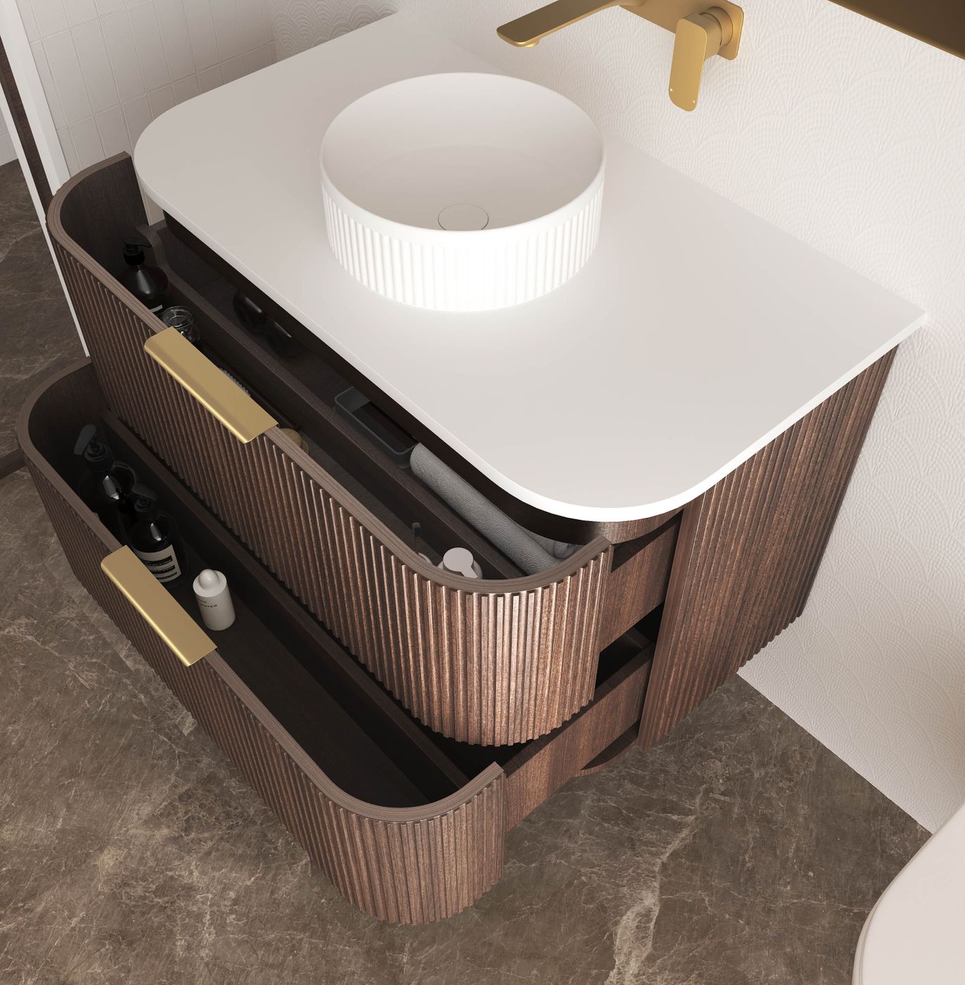 Otti Havana Fluted Wall Hung Curve Vanity | Sable Walnut