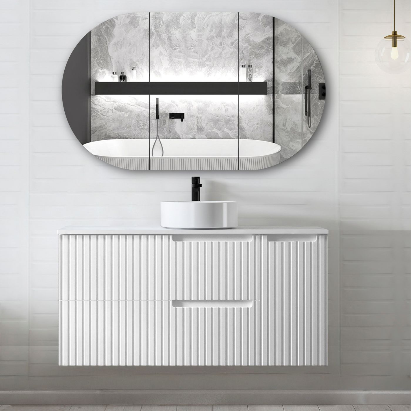 Otti Noosa Fluted Satin White Wall Hung Vanity