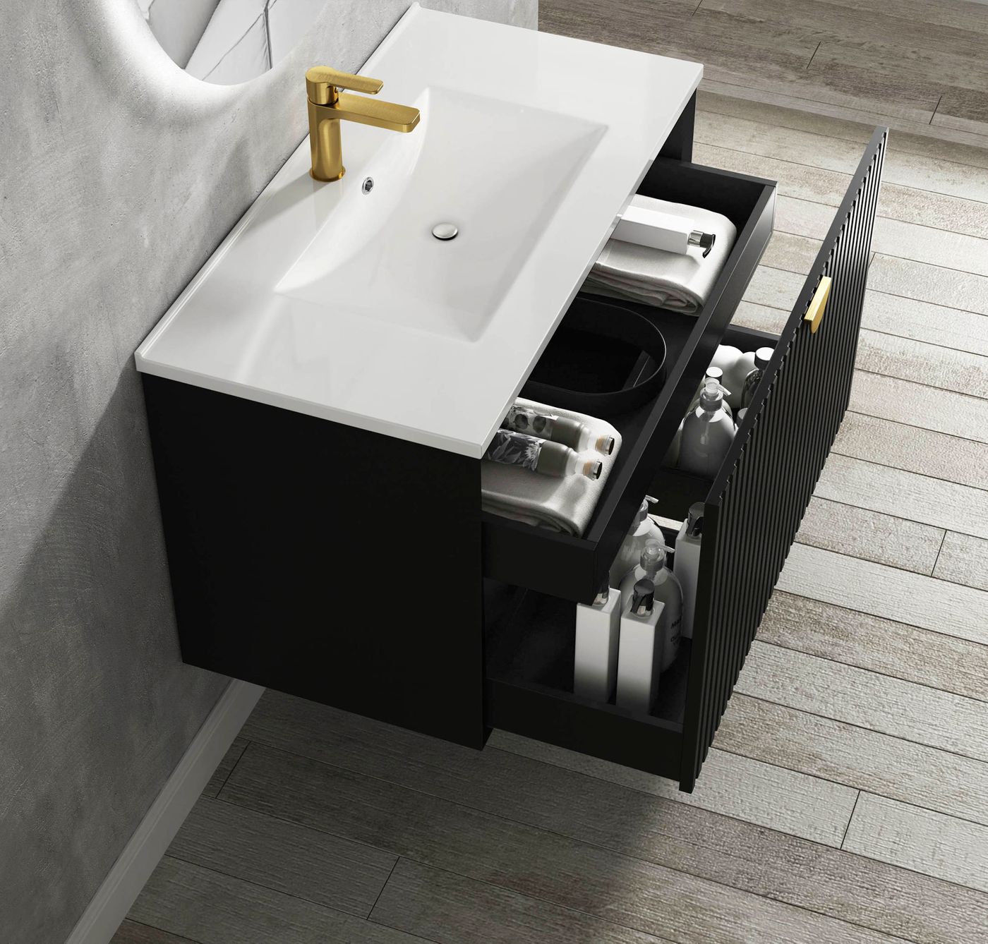 Otti Marlo Fluted Wall Hung Vanity | Matte Black