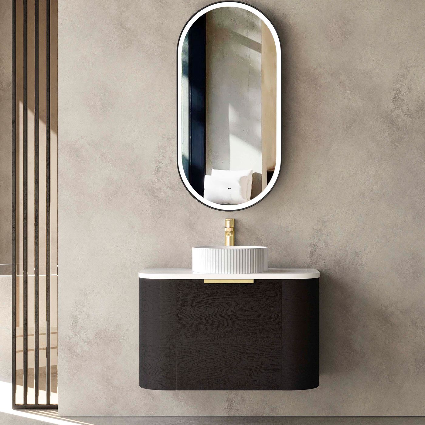 Otti Bondi Wall Hung Curve Vanity | Natural Oak & Black Oak