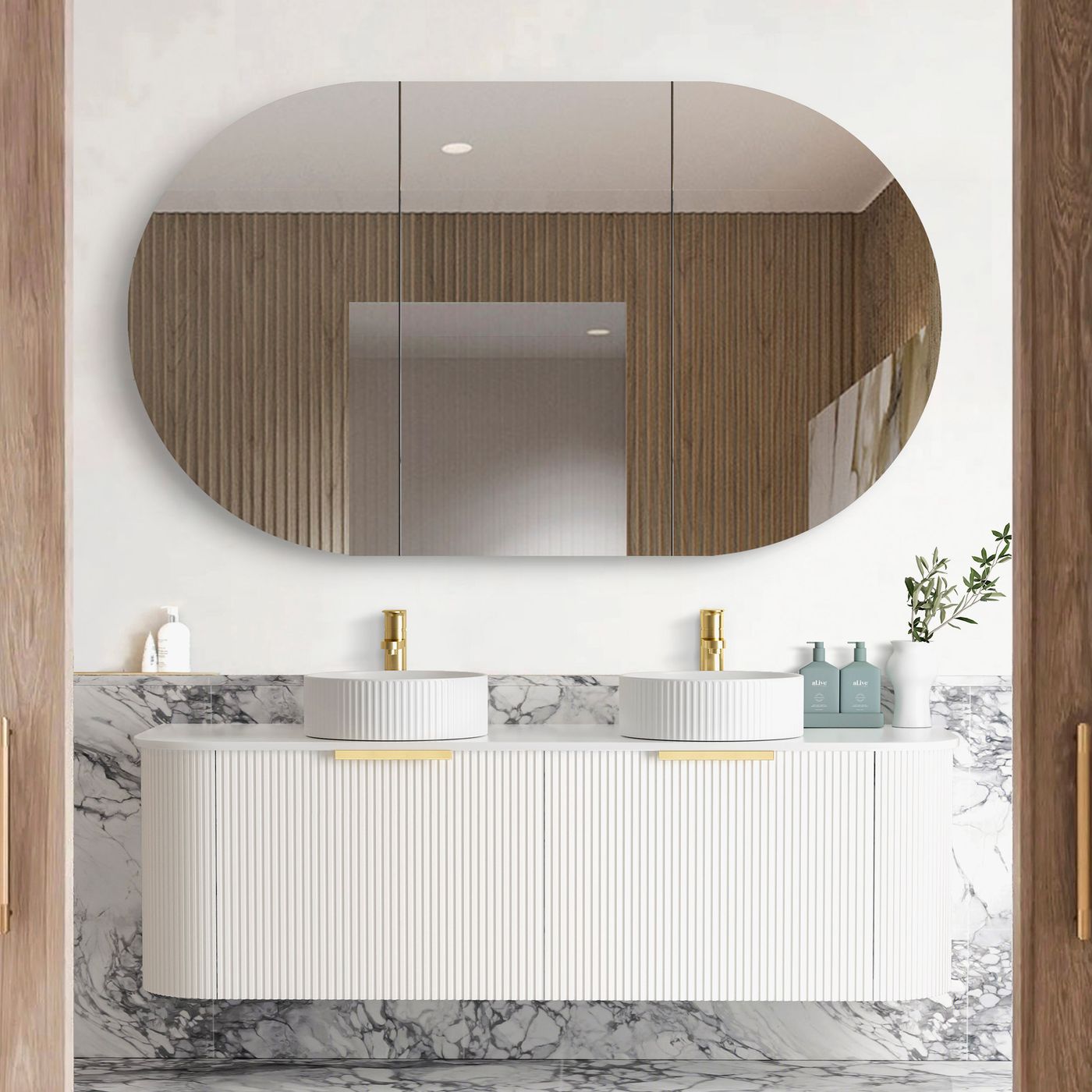 Otti Bondi Fluted Wall Hung Vanity | Satin White & Woodland Oak