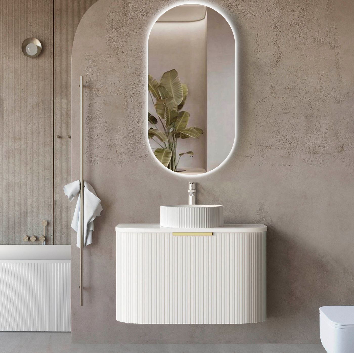 Otti Bondi Fluted Wall Hung Vanity | Satin White & Woodland Oak
