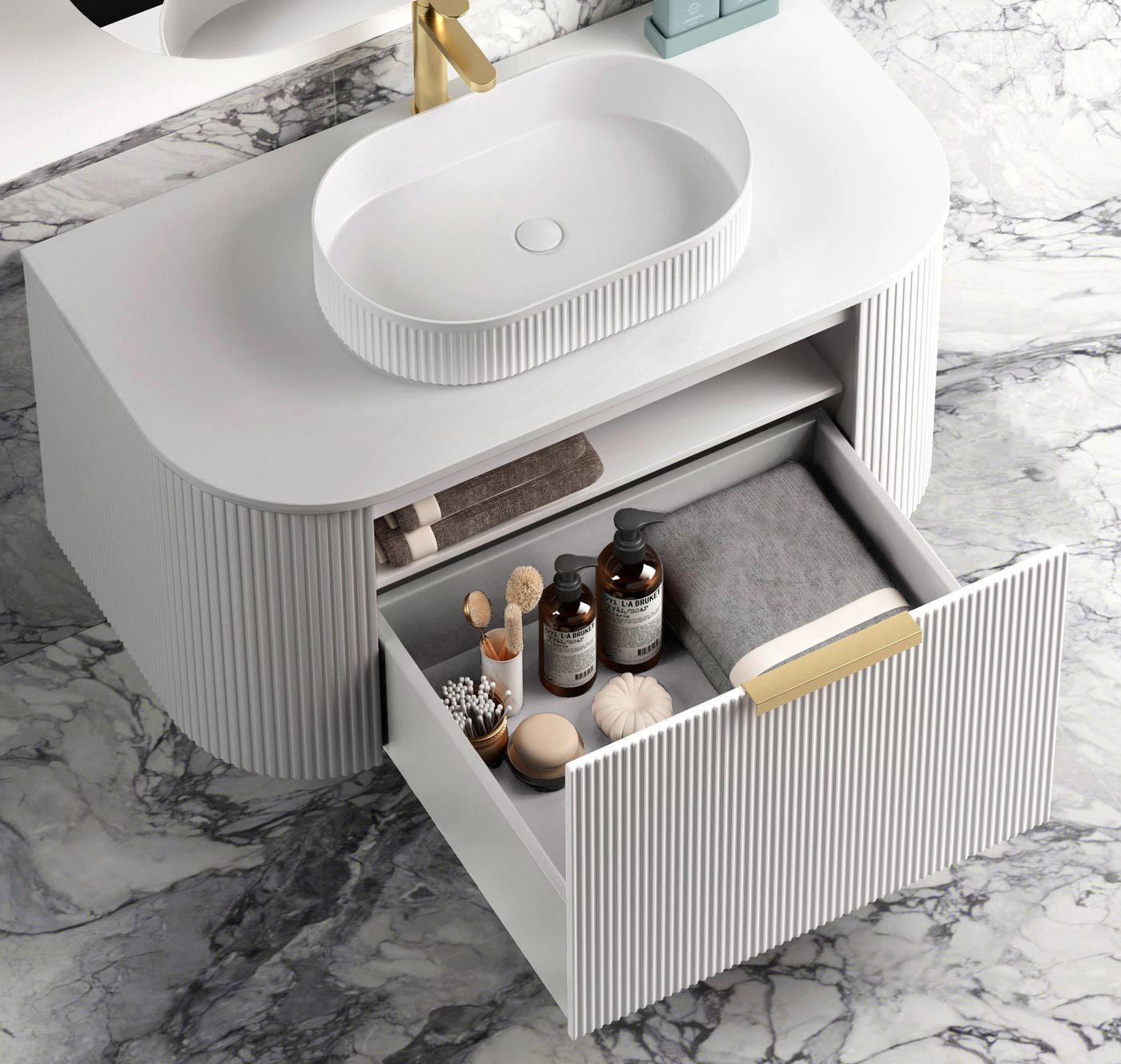 Otti Bondi Fluted Wall Hung Vanity | Satin White & Woodland Oak