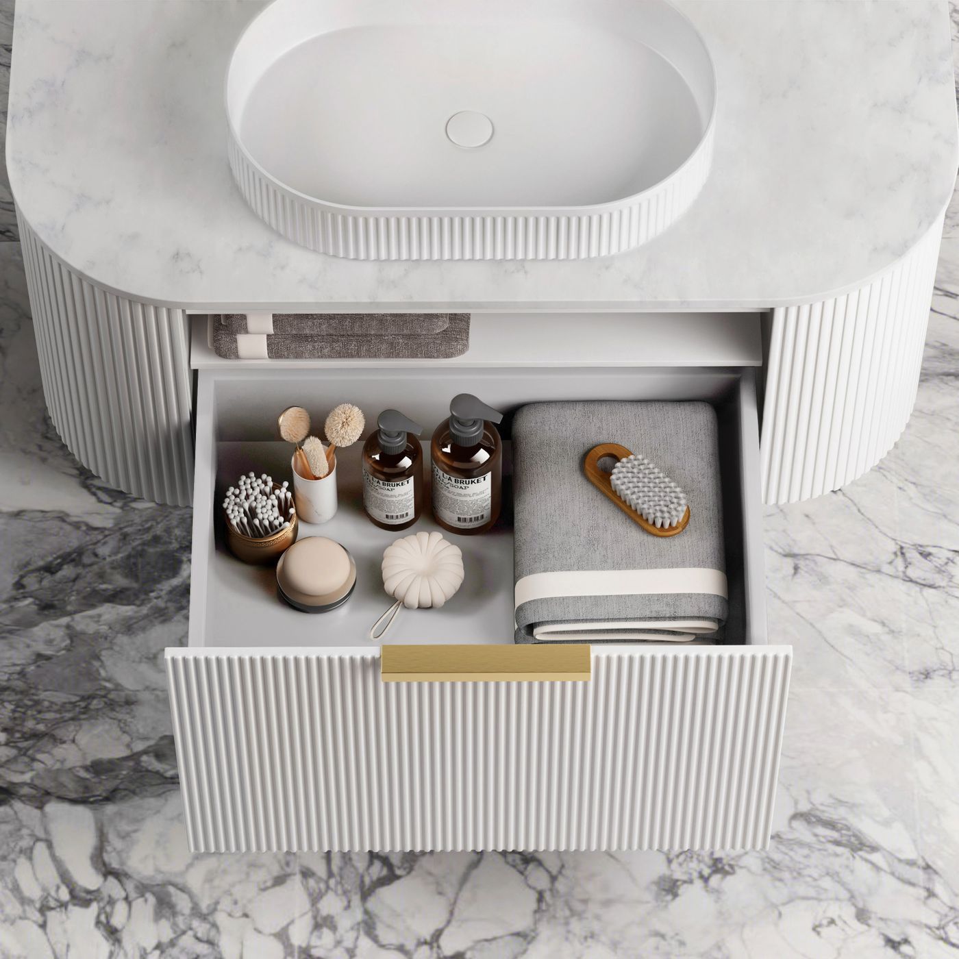 Otti Bondi Fluted Wall Hung Vanity | Satin White & Woodland Oak