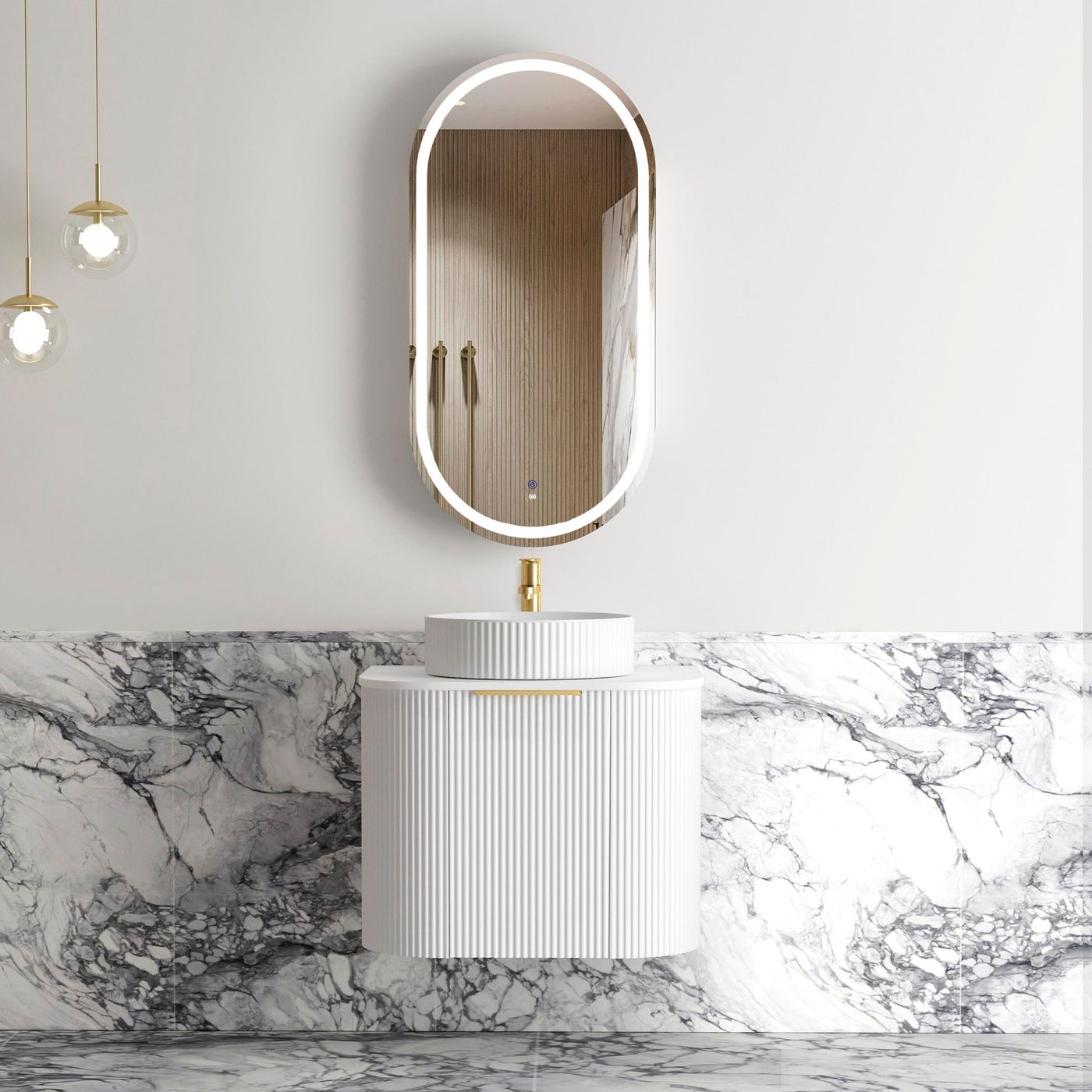 Otti Bondi Fluted Wall Hung Vanity | Satin White & Woodland Oak