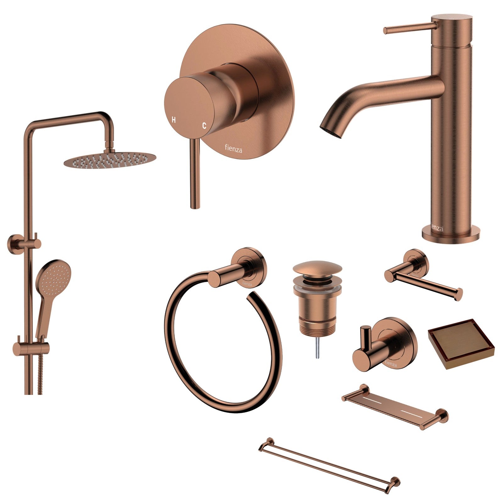 Fienza Kaya 10-Piece Bathroom Package - Brushed Copper: every piece in the package