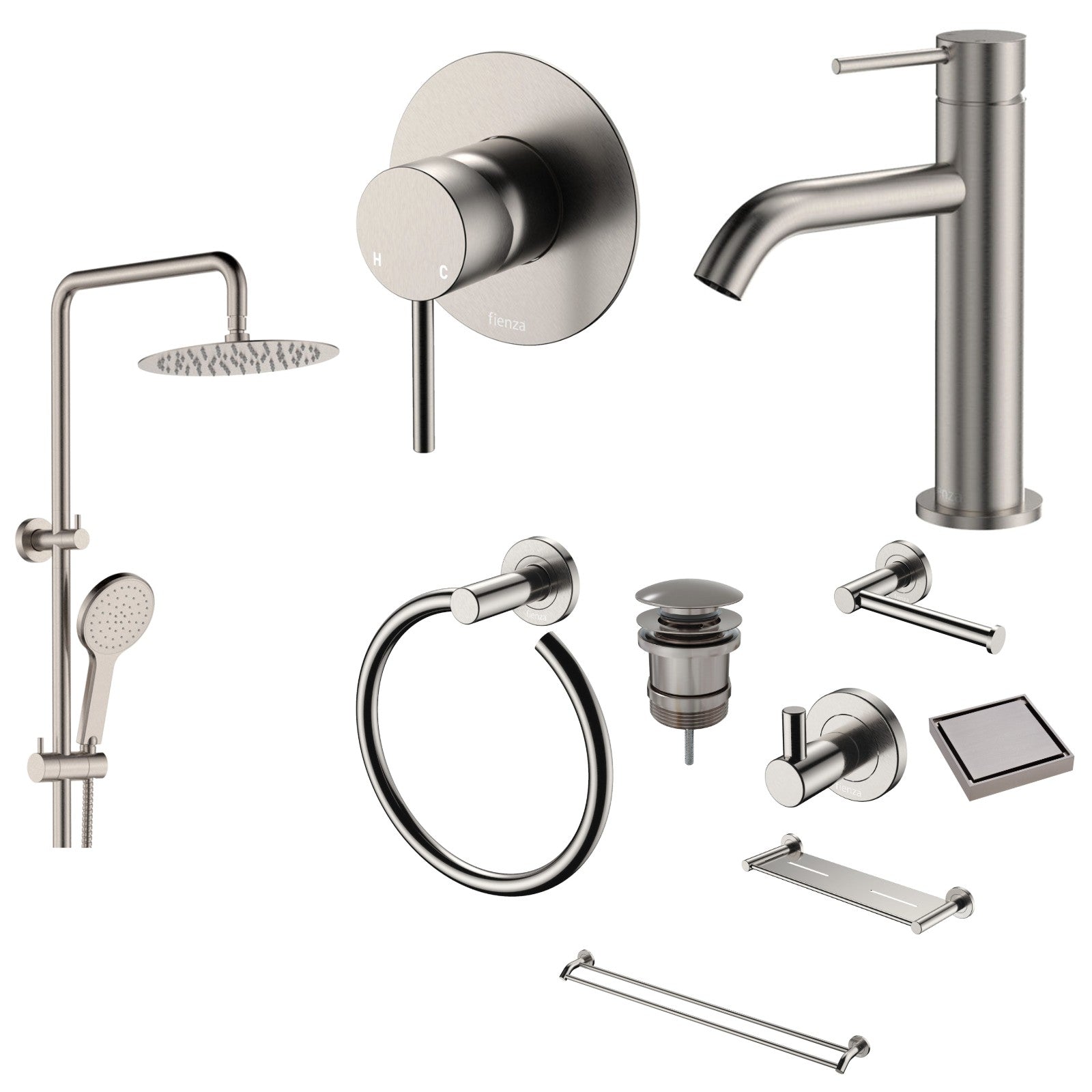 Fienza Kaya 10-Piece Bathroom Package - Brushed Nickel: every piece in the package