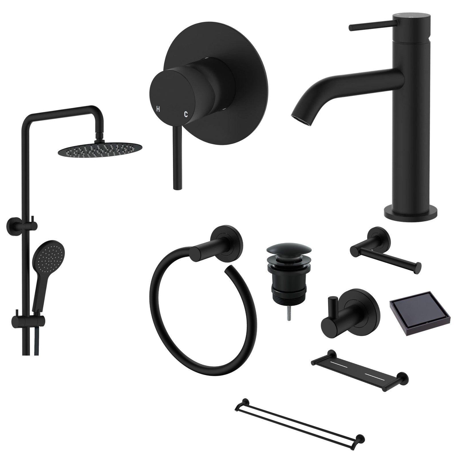 Fienza Kaya 10-Piece Bathroom Package - Matte Black: every piece in the package