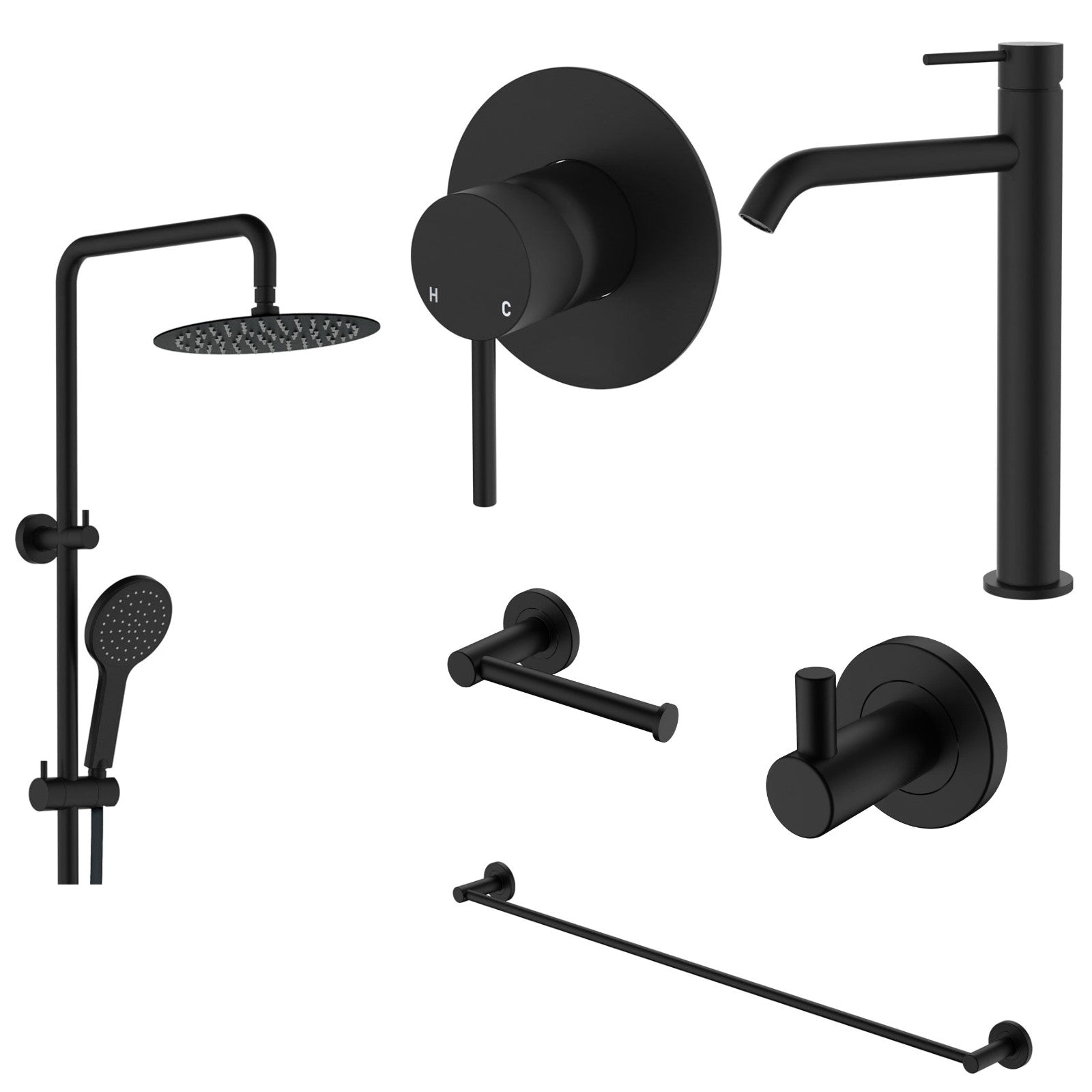 Fienza Kaya 6-Piece Bathroom Package - Matte Black: every piece in the package