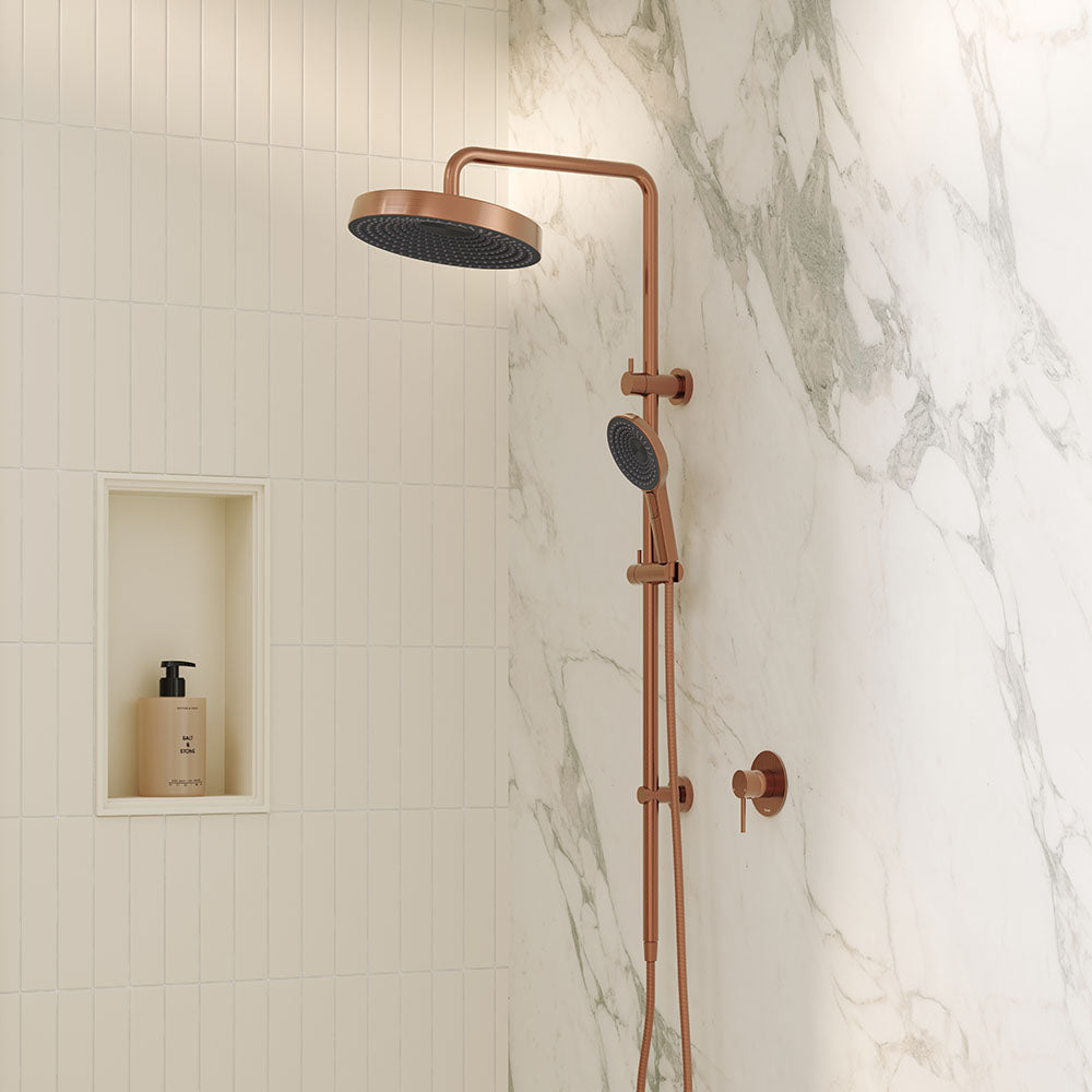 Fienza Kuro Twin Shower, Round Head, Brushed Copper