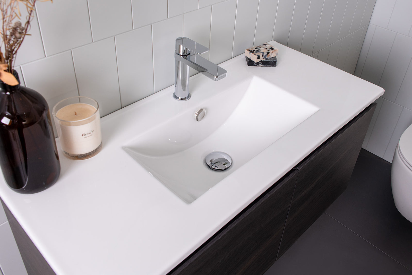 Glacier Ensuite Ceramic Moulded Top with integrate overflow. Pictured with chrome overflow cover.