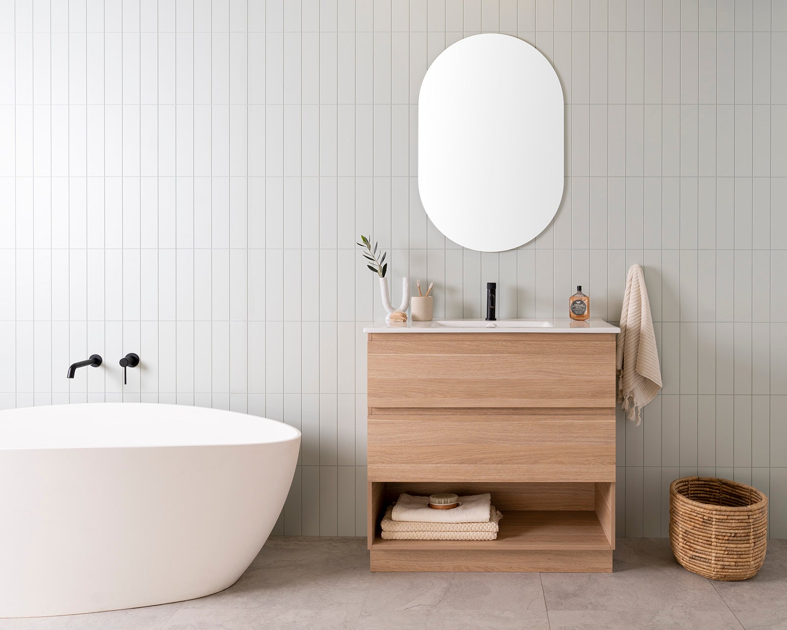 Glacier Ensuite Shelf, Twin Floor Mount, 900 Centre Bowl. Natural Oak Woodmatt cabinet finish, Ceramic Moulded Top.