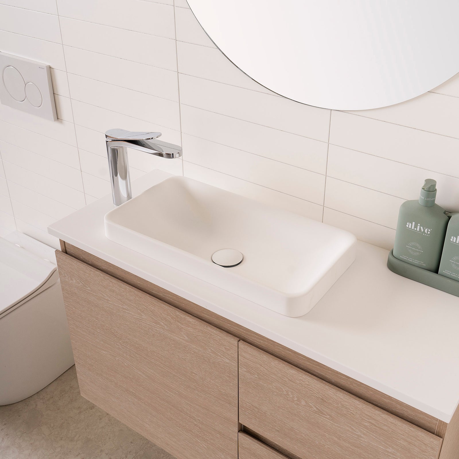 ADP Glacier vanity: Faith Semi-Inset Basin, Matte White.