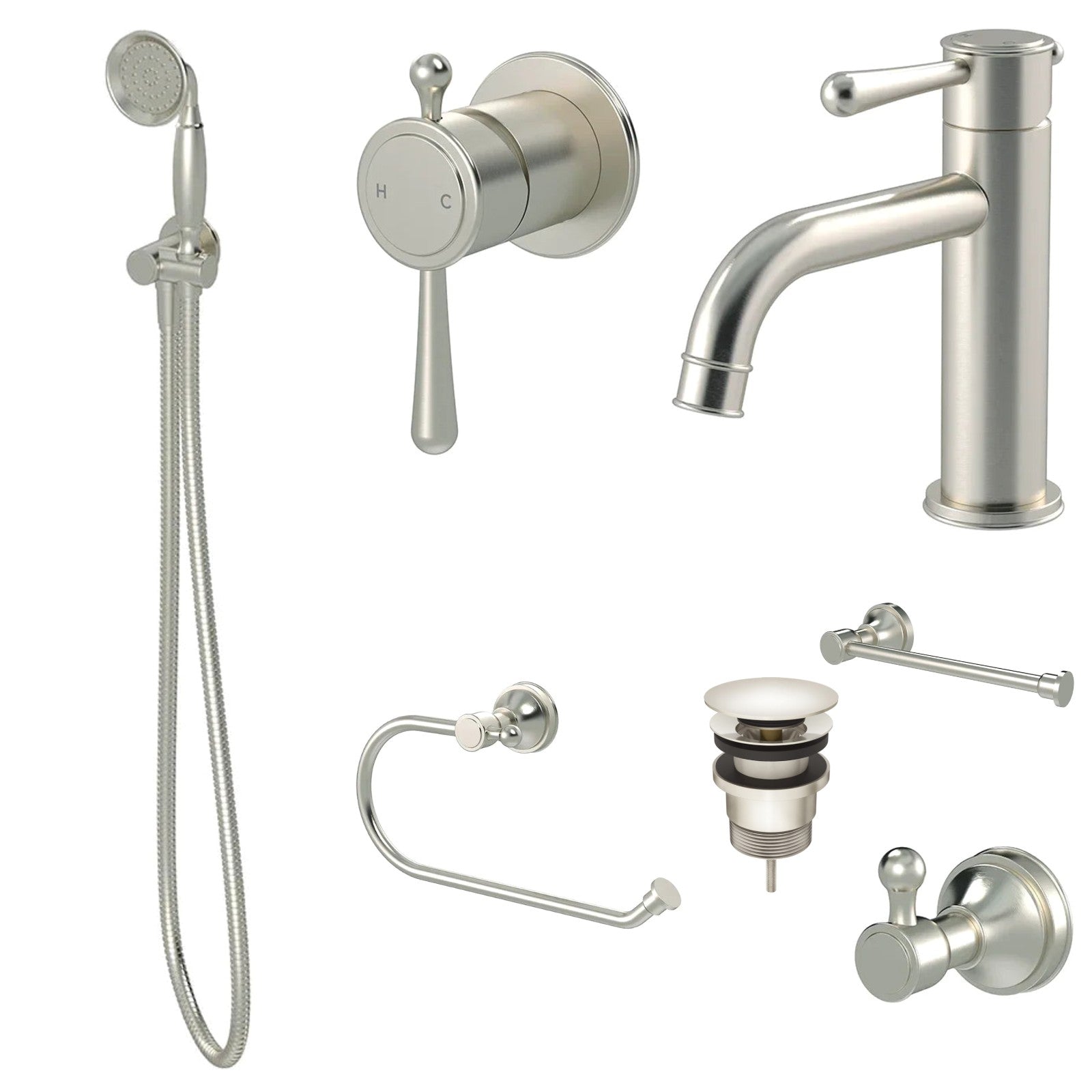 Meir Harrington 8-Piece Bathroom Package - Brushed Nickel: every piece in the package