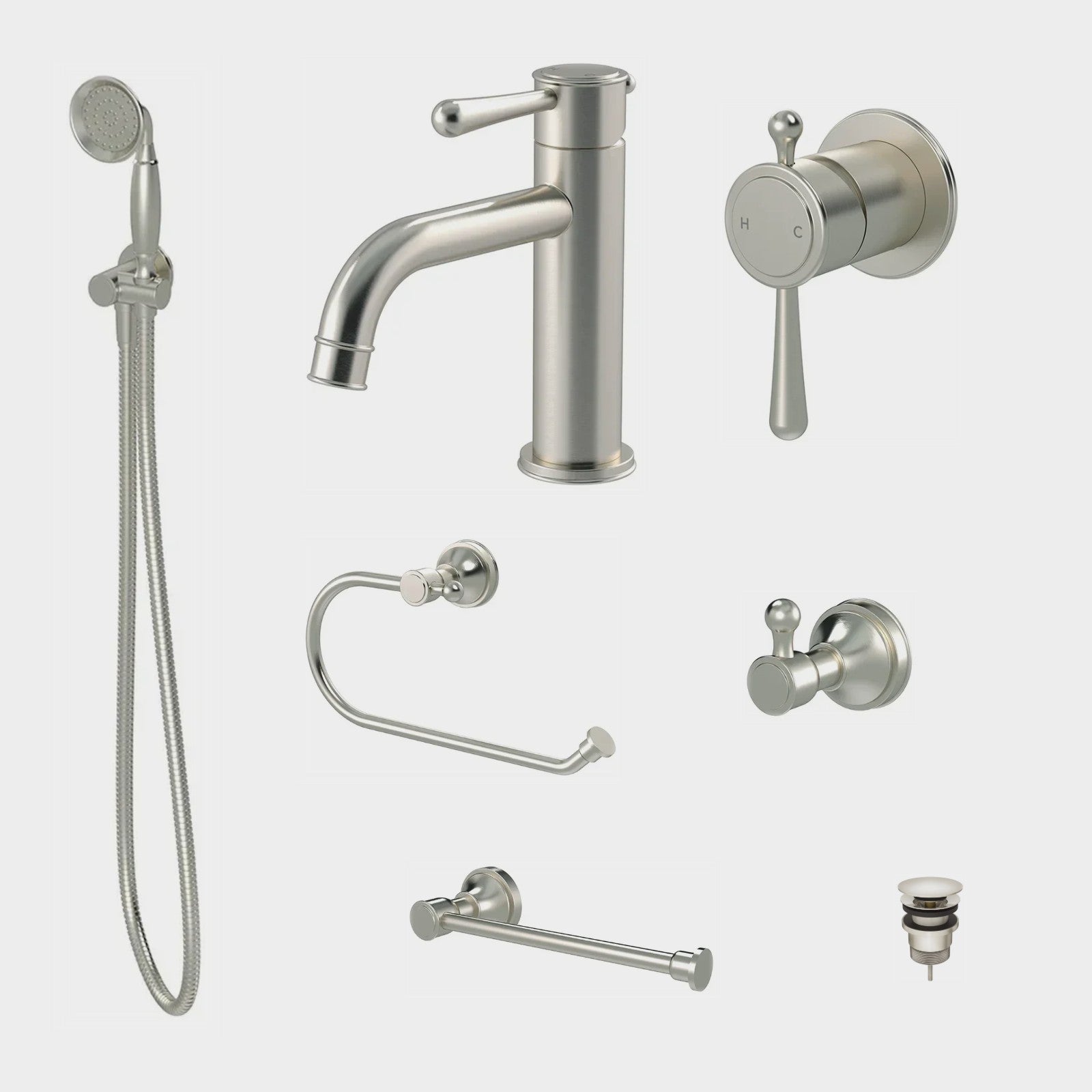 Meir Harrington 8-Piece Bathroom Package - Brushed Nickel: every piece in the package