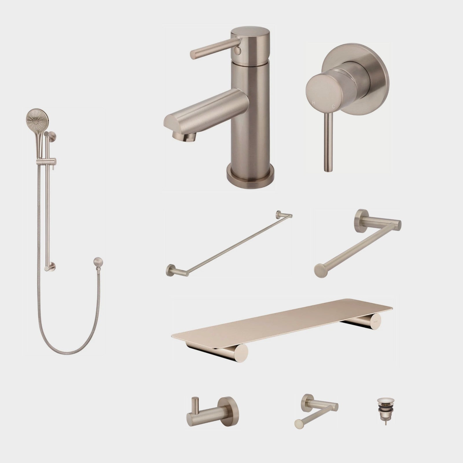 Meir Round 10-Piece Bathroom Package - Champagne: every piece in the package