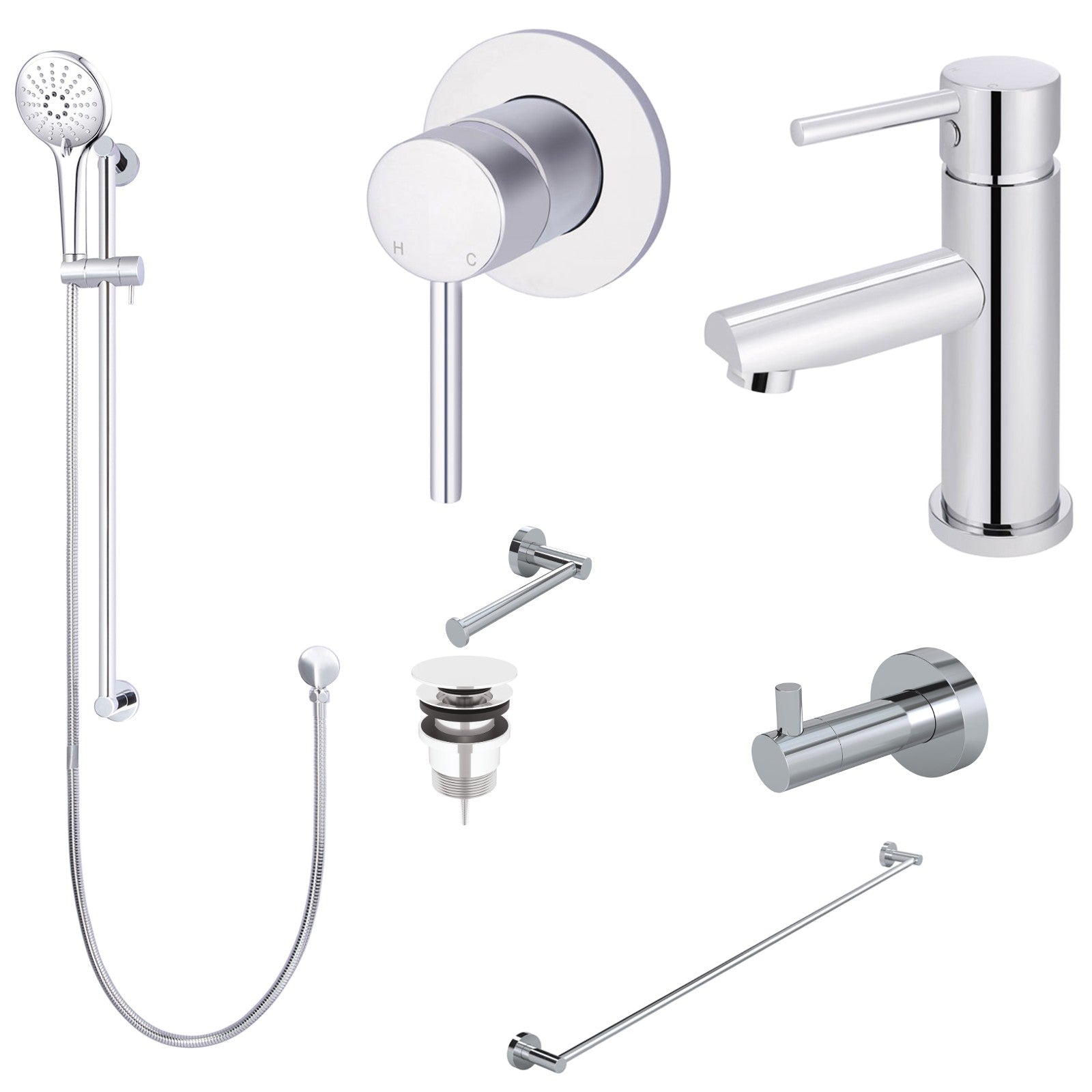 Meir Round 8-Piece Bathroom Package - Chrome: every piece in the package