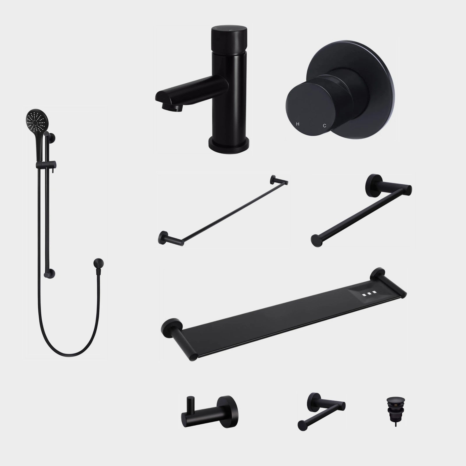Meir Round Pinless 10-Piece Bathroom Package - Matte Black: every piece in the package