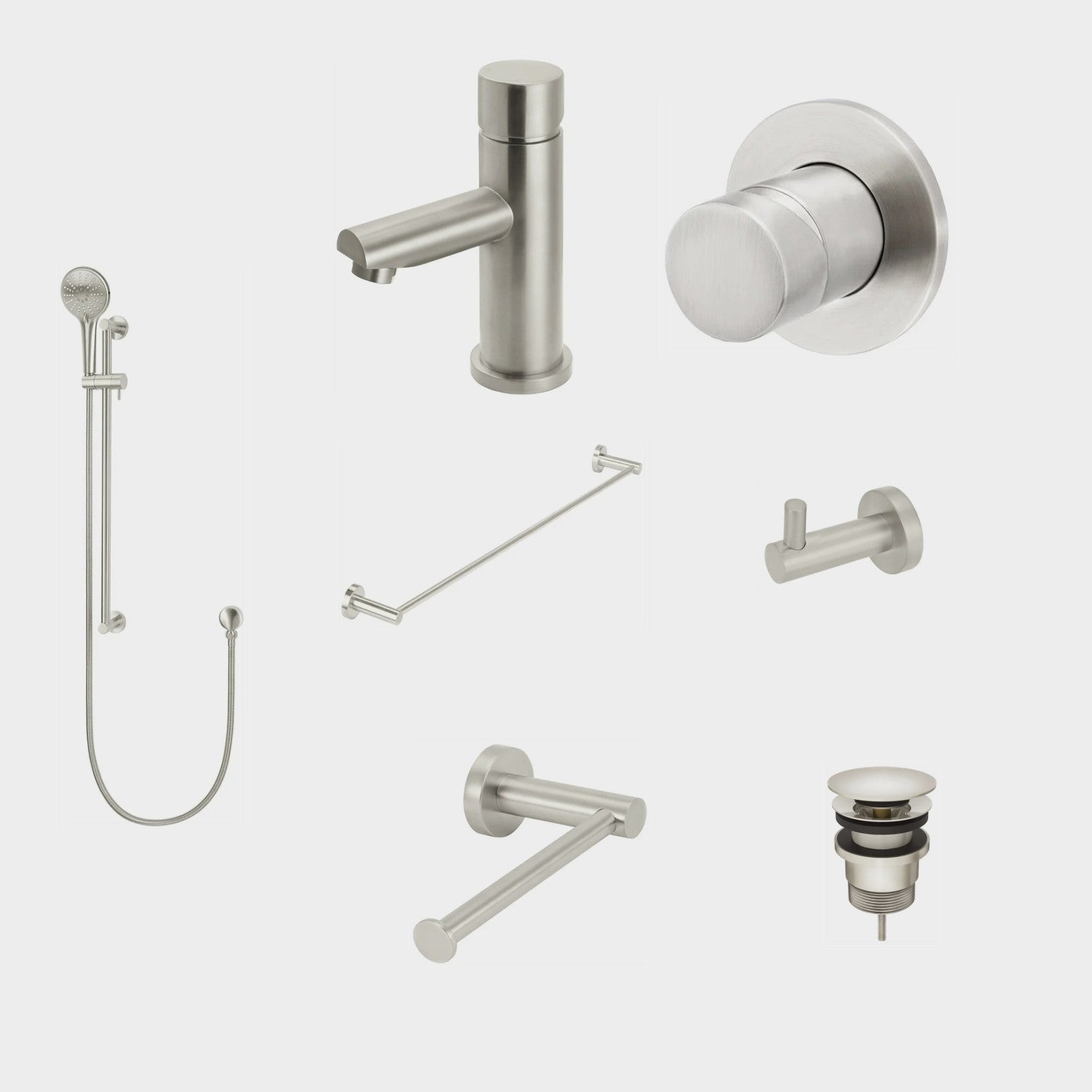 Meir Round Pinless 8-Piece Bathroom Package - Brushed Nickel: every piece in the package