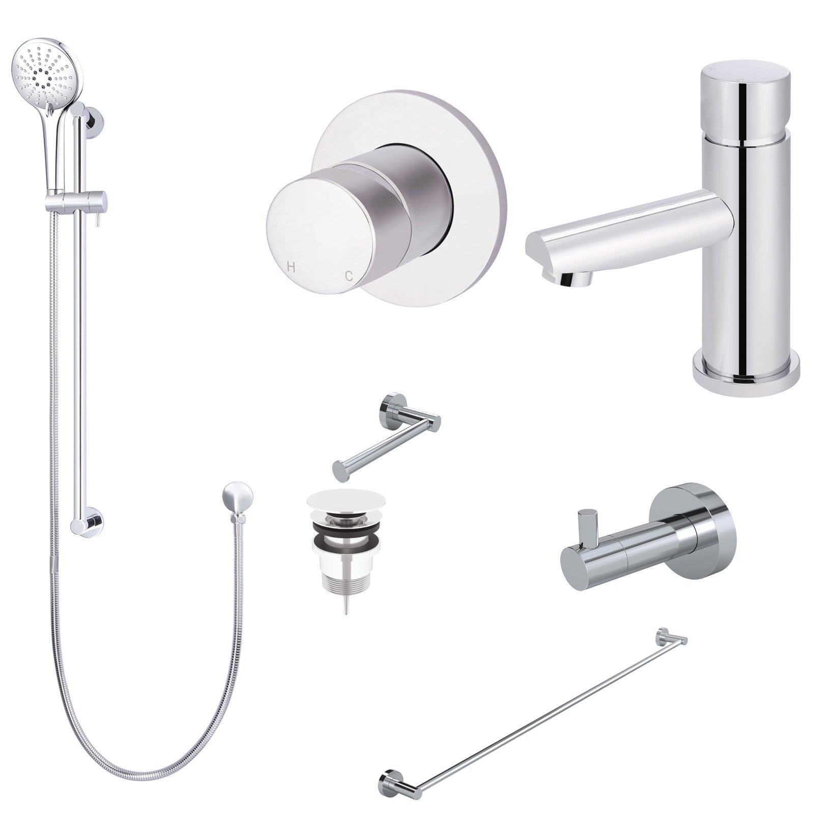 Meir Round Pinless 8-Piece Bathroom Package - Chrome: every piece in the package
