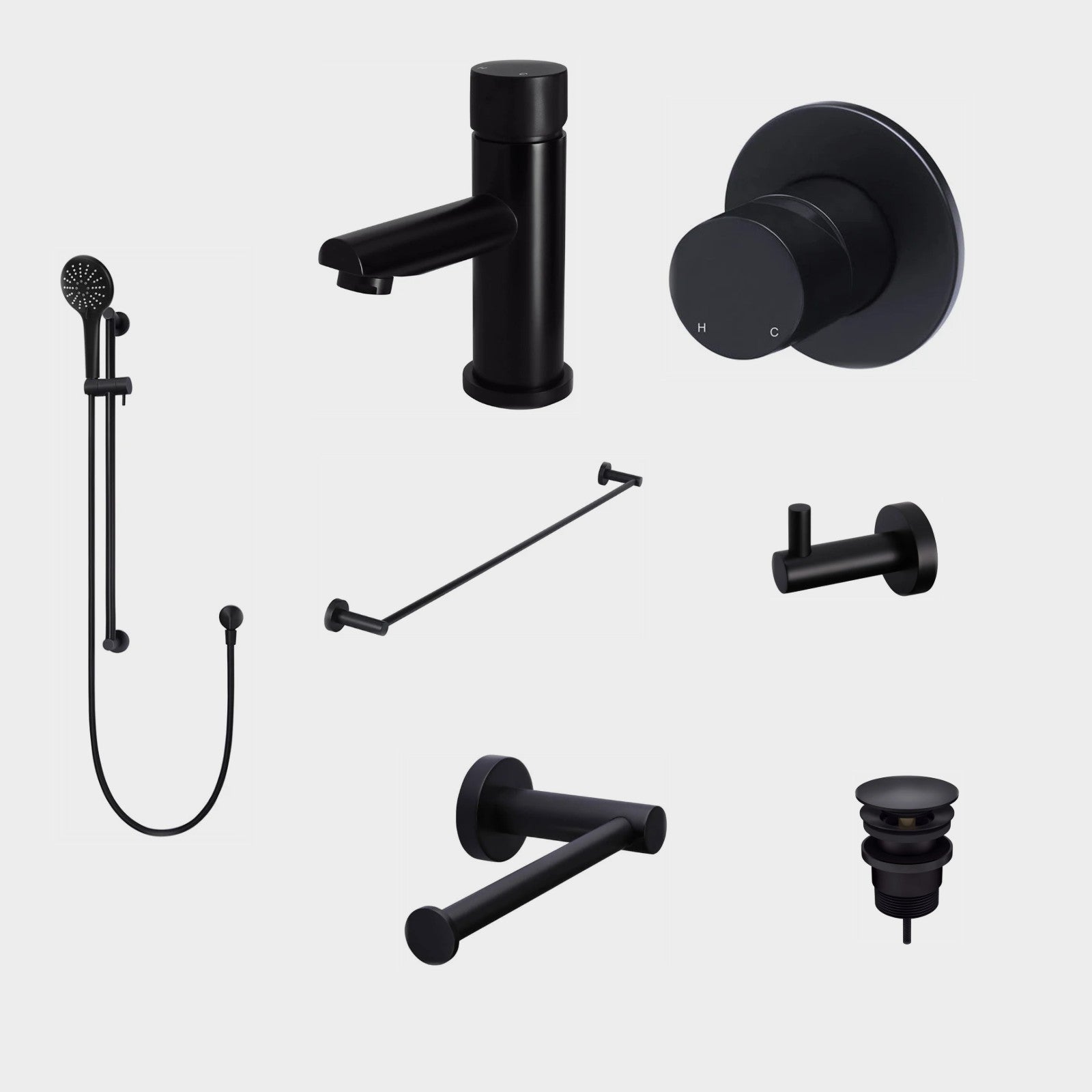 Meir Round Pinless 8-Piece Bathroom Package - Matte Black: every piece in the package