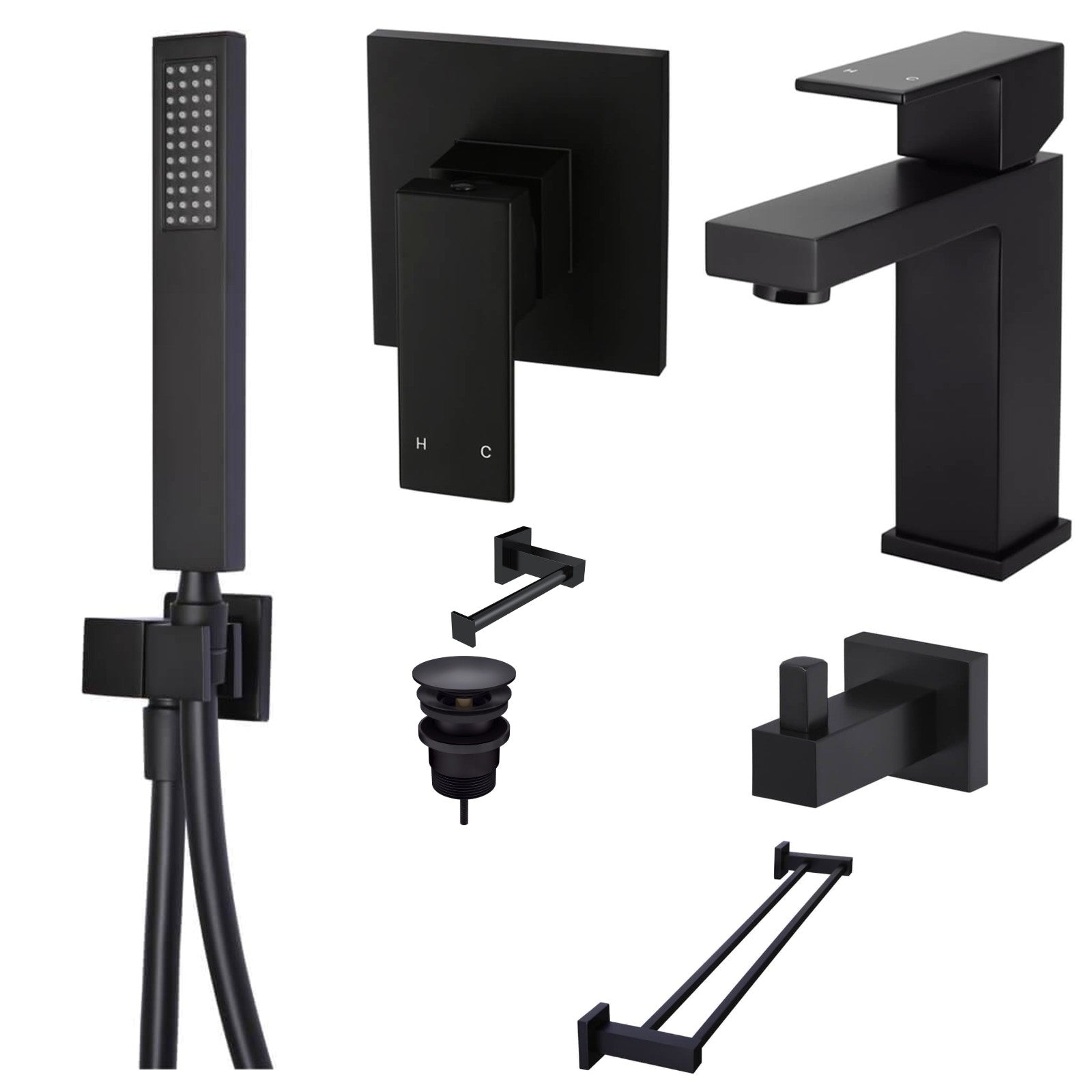 Meir Square 7-Piece Bathroom Package - Matte Black: every piece in the package