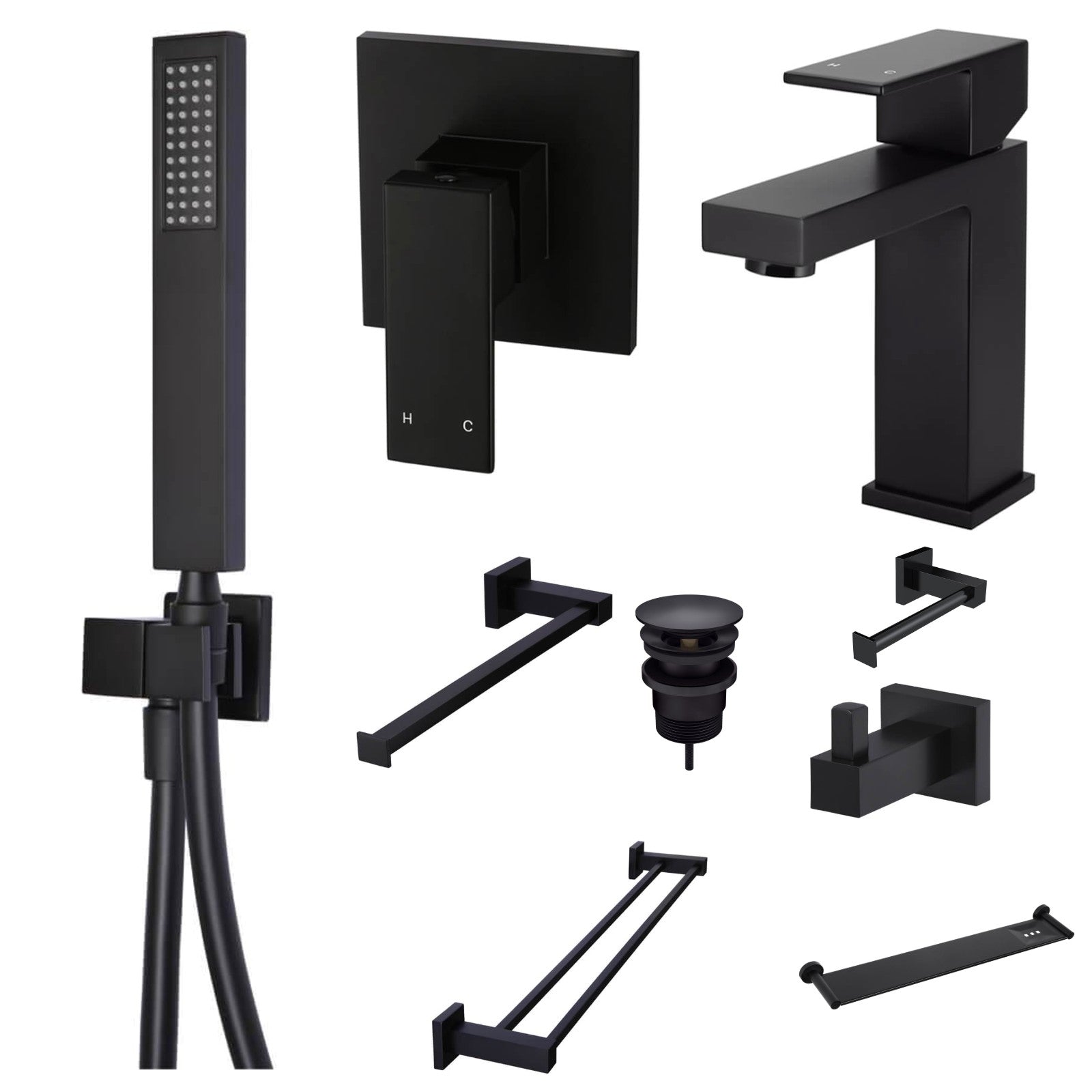 Meir Square 9-Piece Bathroom Package - Matte Black: every piece in the package