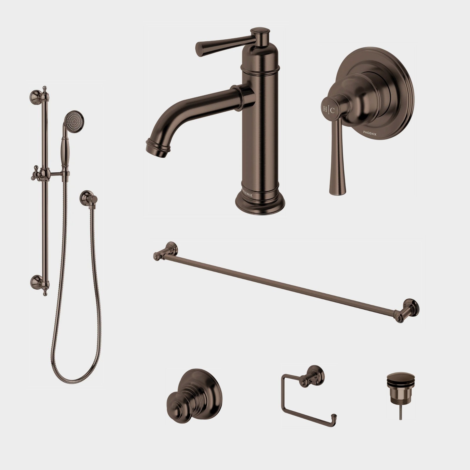 Phoenix Cromford 7-Piece Bathroom Package - Brushed Bronze: every piece in the package