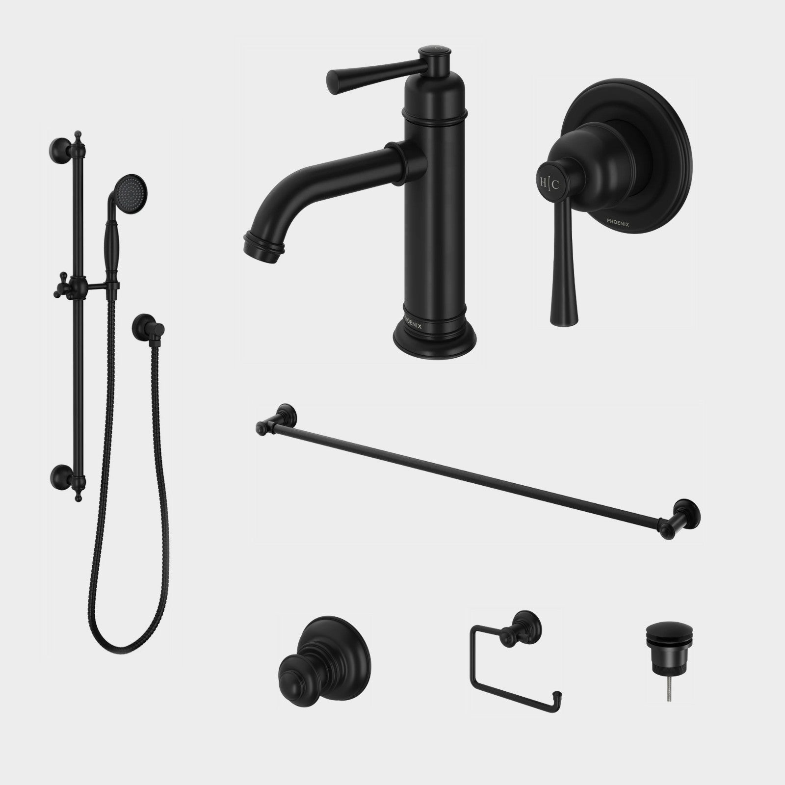 Phoenix Cromford 7-Piece Bathroom Package - Matte Black: every piece in the package