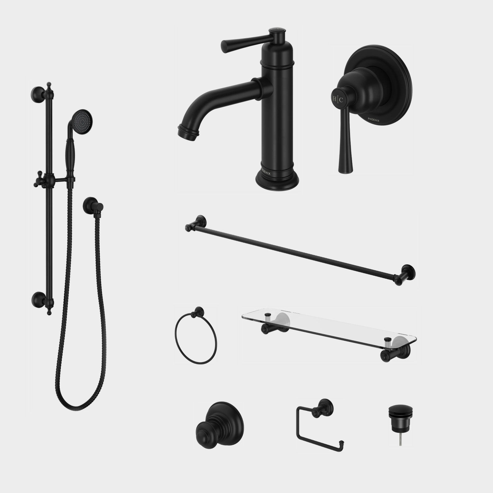 Phoenix Cromford 9-Piece Bathroom Package - Matte Black: every piece in the package