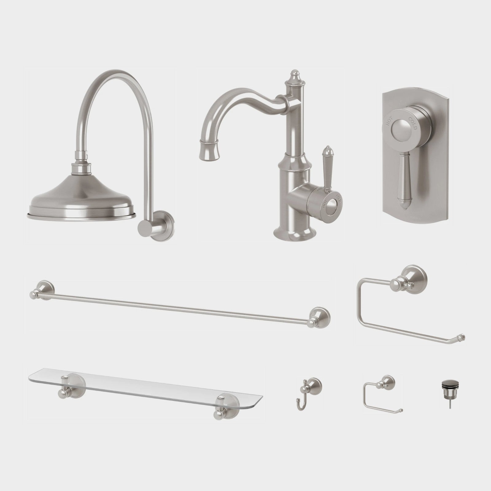 Phoenix Nostalgia 9-Piece Bathroom Package - Brushed Nickel: every piece in the package