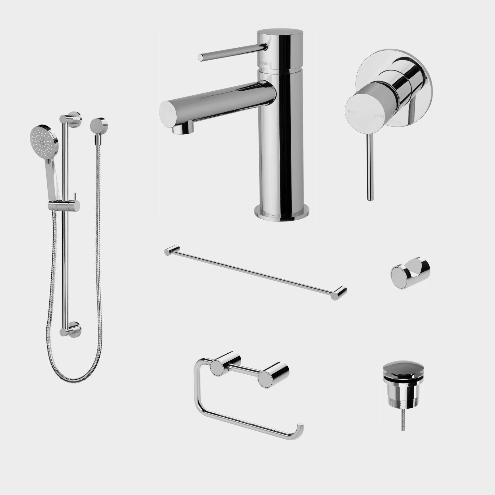Phoenix Vivid Slimline 7-Piece Bathroom Package - Chrome: every piece in the package