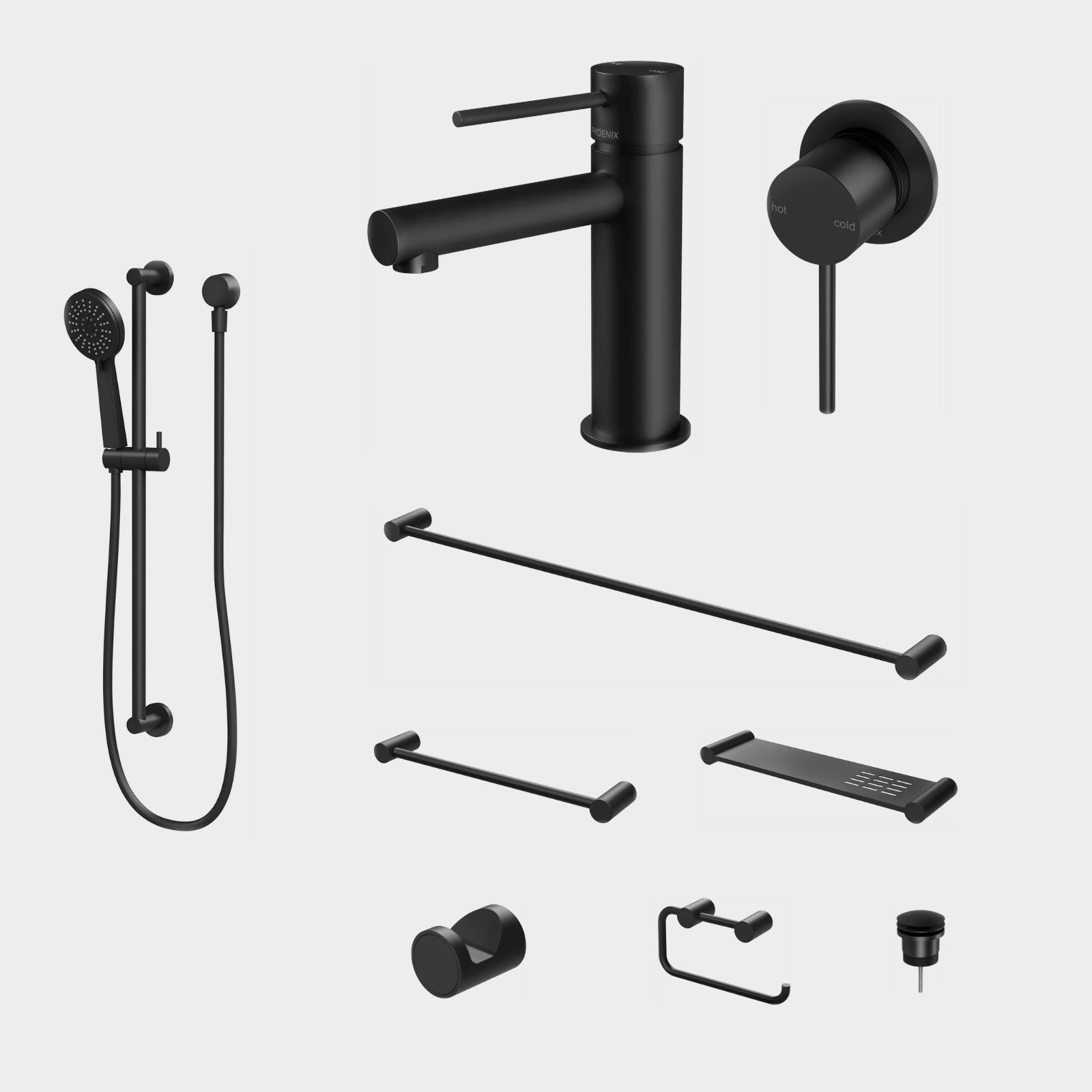 Phoenix Vivid Slimline 9-Piece Bathroom Package - Matte Black: every piece in the package
