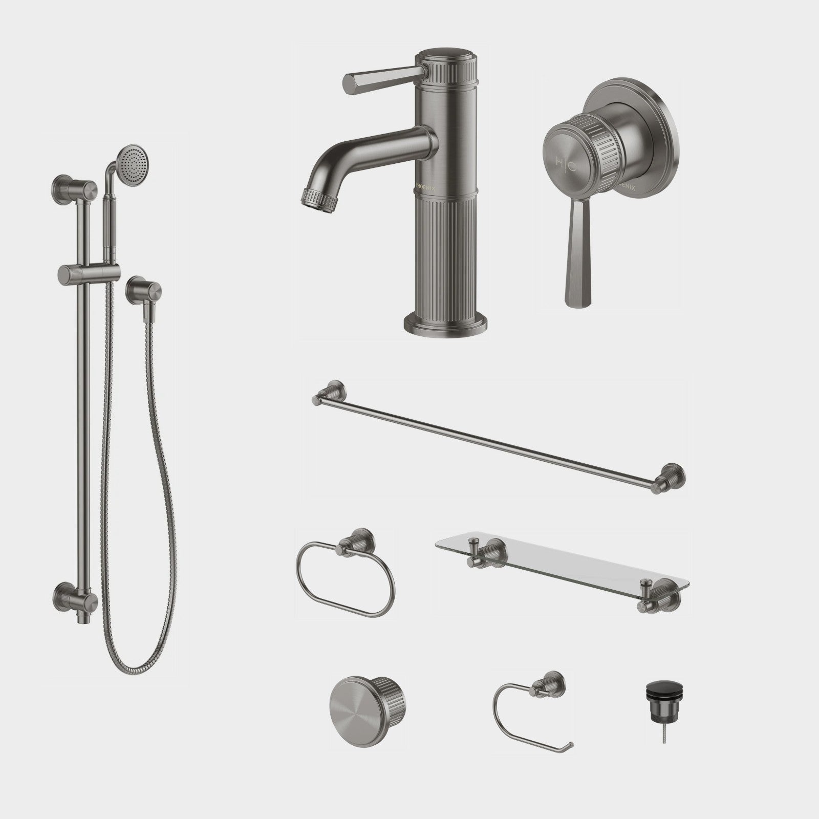 Phoenix Wiltern 9-Piece Bathroom Package - Brushed Carbon: every piece in the package