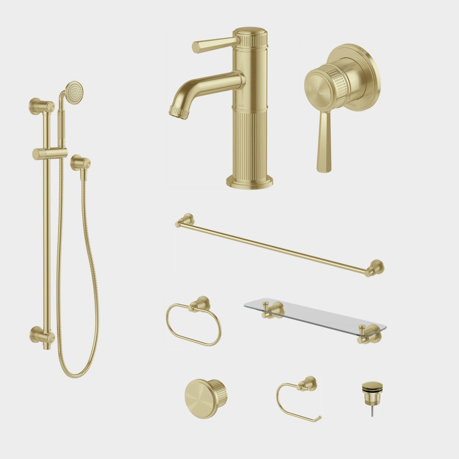 Phoenix Wiltern 9-Piece Bathroom Package - Brushed Gold: every piece in the package