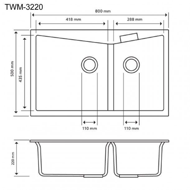 Carysil CGDB3220 Double Bowl Granite Kitchen Sink Top/Flush Mount | 800 x 500 x 220 mm
