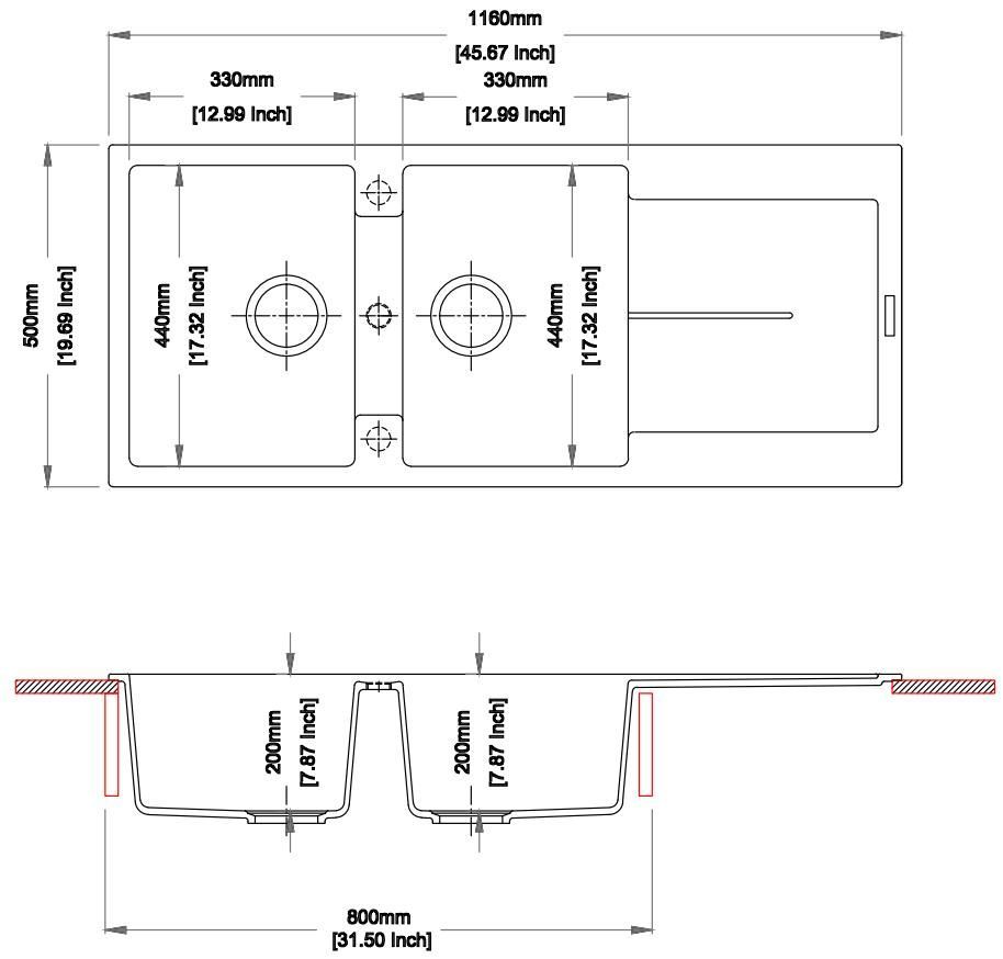 Carysil Enigma D200 Double Bowl with Drainer Board Granite Kitchen Sink Top Mount | 1160 x 500 x 200 mm