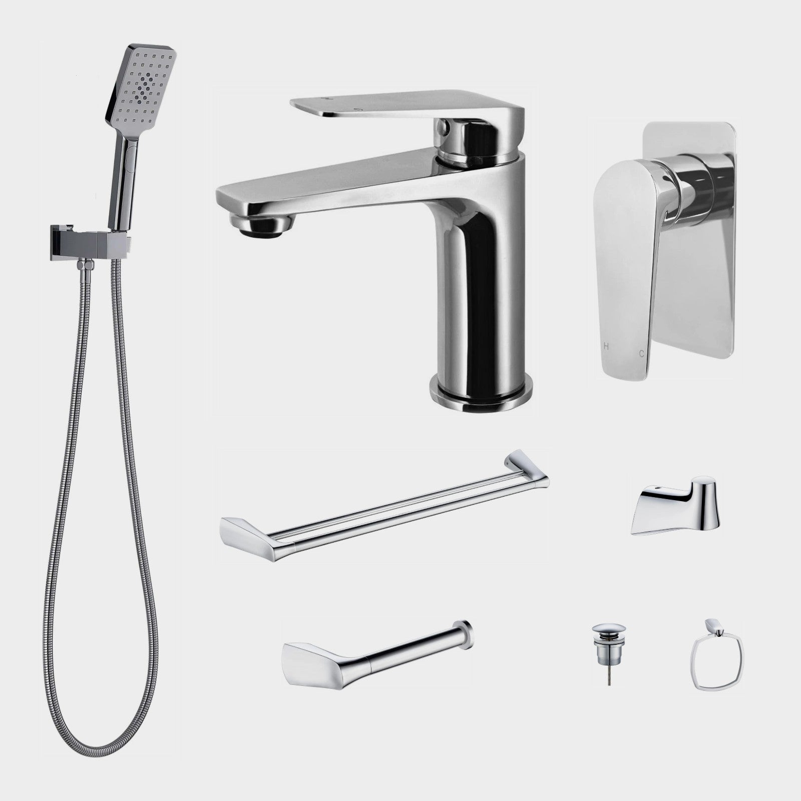 Zenmo EXON 8-Piece Bathroom Package - Chrome: every piece in the package