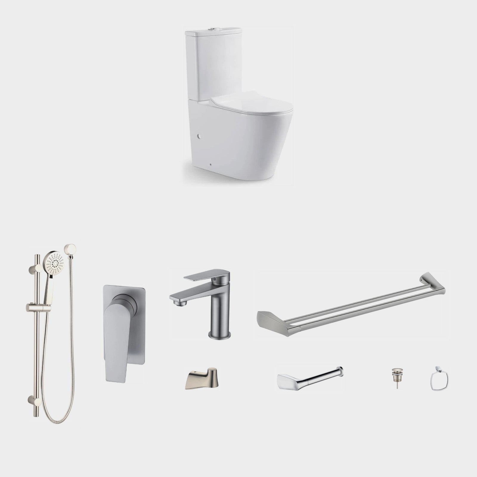 Zenmo EXON 9-Piece Bathroom Package with Toilet - Brushed Nickel: every piece in the package