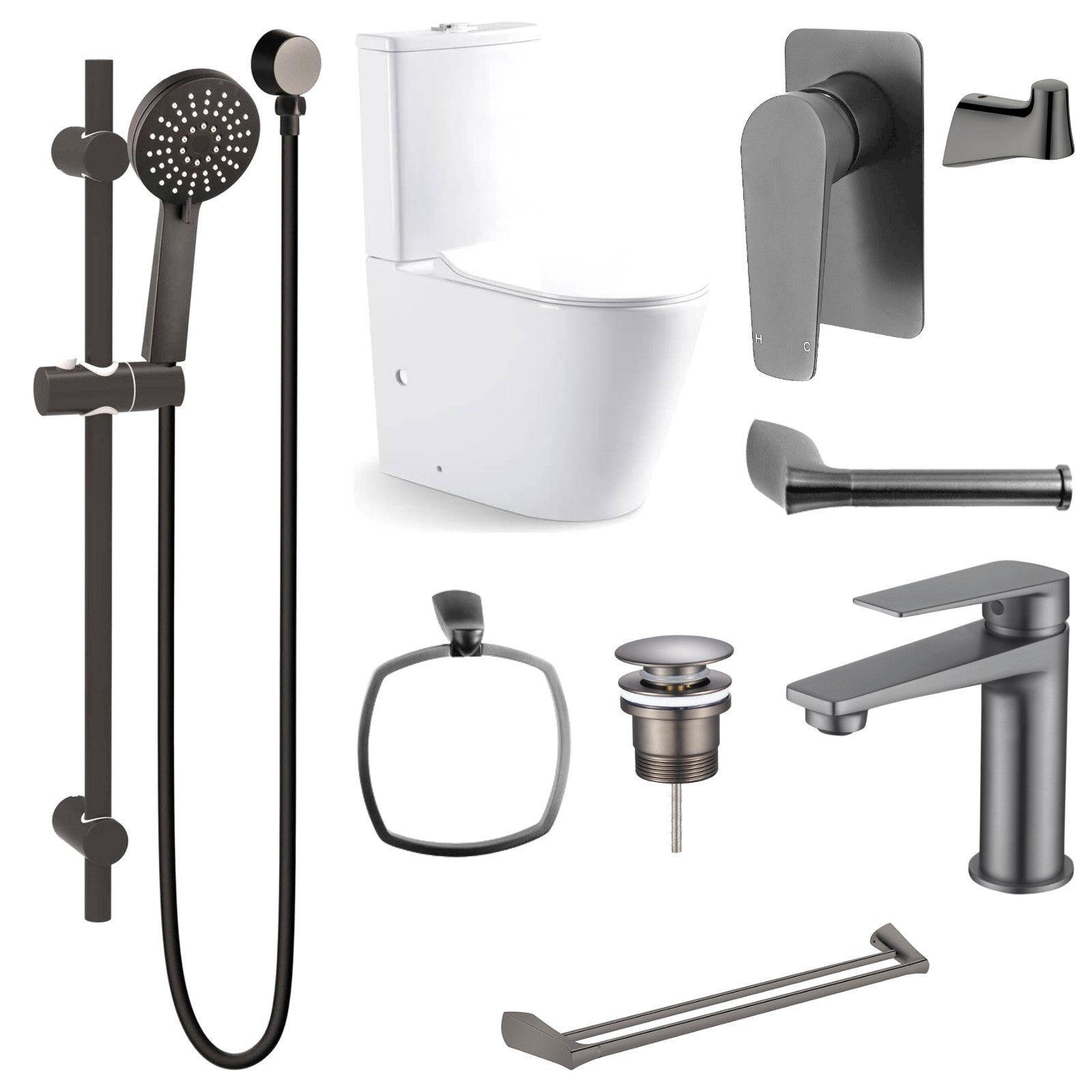 Zenmo EXON 9-Piece Bathroom Package with Toilet - Gun Metal: every piece in the package